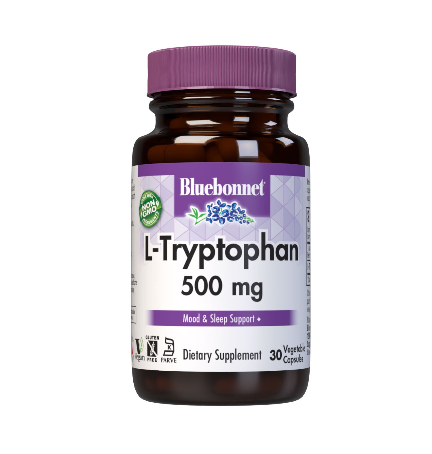 Bluebonnet’s L-Tryptophan 500 mg 30 Vegetable Capsules are formulated with a vegetarian source of the free-form amino acid L-tryptophan called TryptoPure from Ajinomoto to help support a positive mood, a sense of relaxation, as well as to reduce occasional sleeplessness. #size_30 count