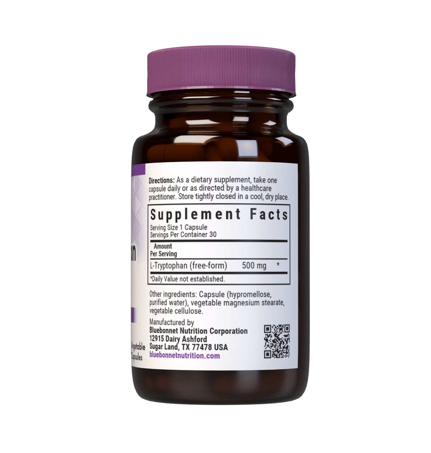 BBluebonnet’s L-Tryptophan 500 mg 30 Vegetable Capsules are formulated with a vegetarian source of the free-form amino acid L-tryptophan called TryptoPure from Ajinomoto to help support a positive mood, a sense of relaxation, as well as to reduce occasional sleeplessness. Supplement facts panel. #size_30 count