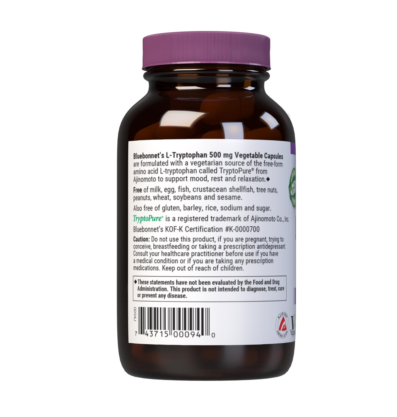 Bluebonnet’s L-Tryptophan 500 mg 60 Vegetable Capsules are formulated with a vegetarian source of the free-form amino acid L-tryptophan called TryptoPure from Ajinomoto to help support a positive mood, a sense of relaxation, as well as to reduce occasional sleeplessness. Description panel. #size_60 count