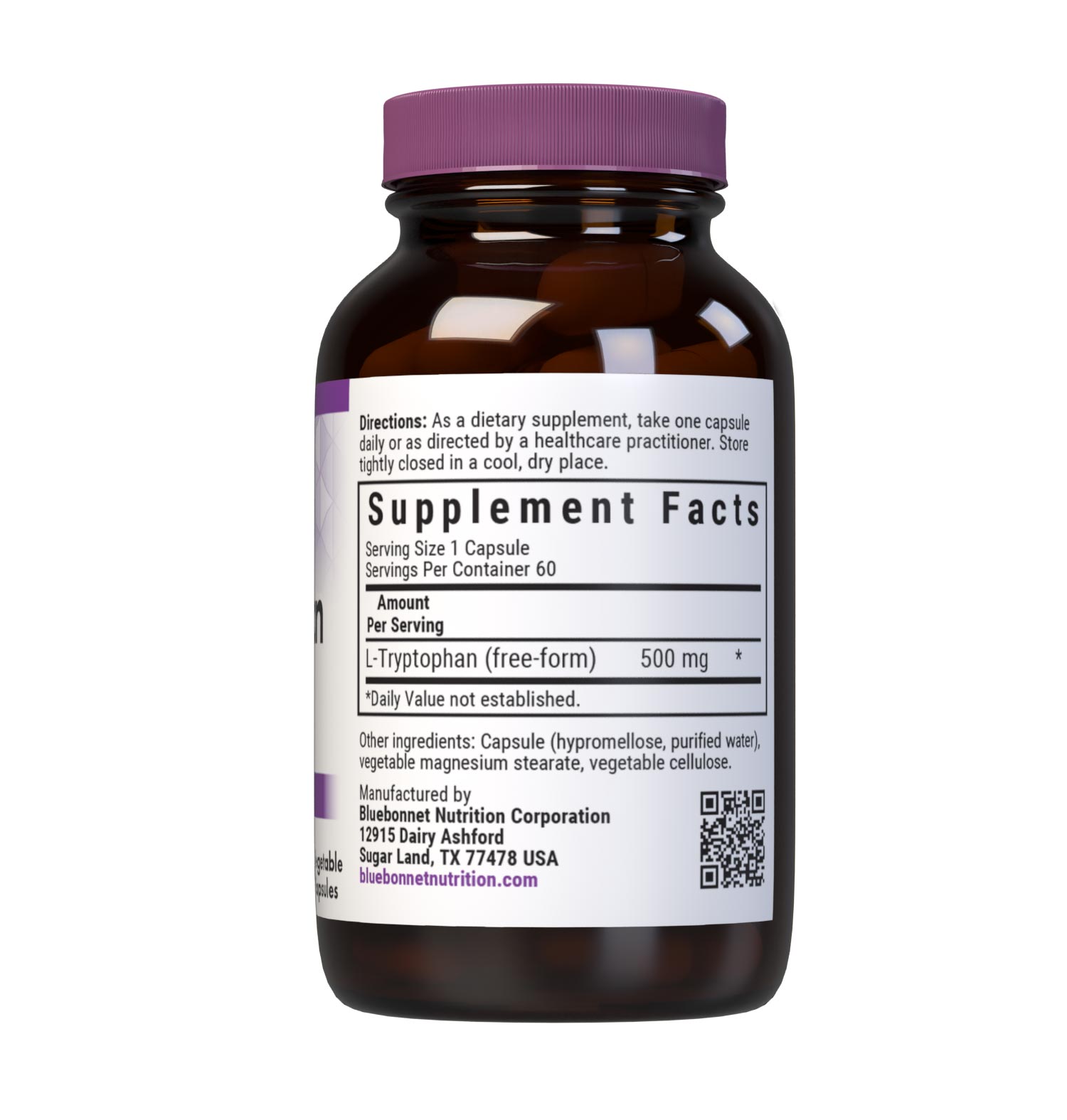 Bluebonnet’s L-Tryptophan 500 mg 60 Vegetable Capsules are formulated with a vegetarian source of the free-form amino acid L-tryptophan called TryptoPure from Ajinomoto to help support a positive mood, a sense of relaxation, as well as to reduce occasional sleeplessness. Supplement facts panel. #size_60 count