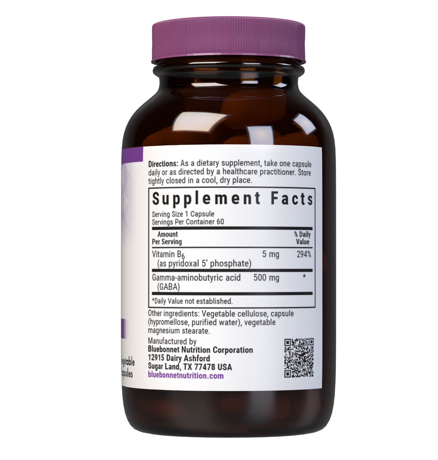 Bluebonnet’s GABA 500 mg 60 Vegetable Capsules are specially formulated to help the body and mind adapt and cope with occasional stressors while supporting an overall sense of relaxation utilizing a combination of gamma-aminobutyric acid (GABA) and the cellular active, coenzyme form of vitamin B6, pyridoxal 5’ phosphate. Supplement facts panel. #size_60 count