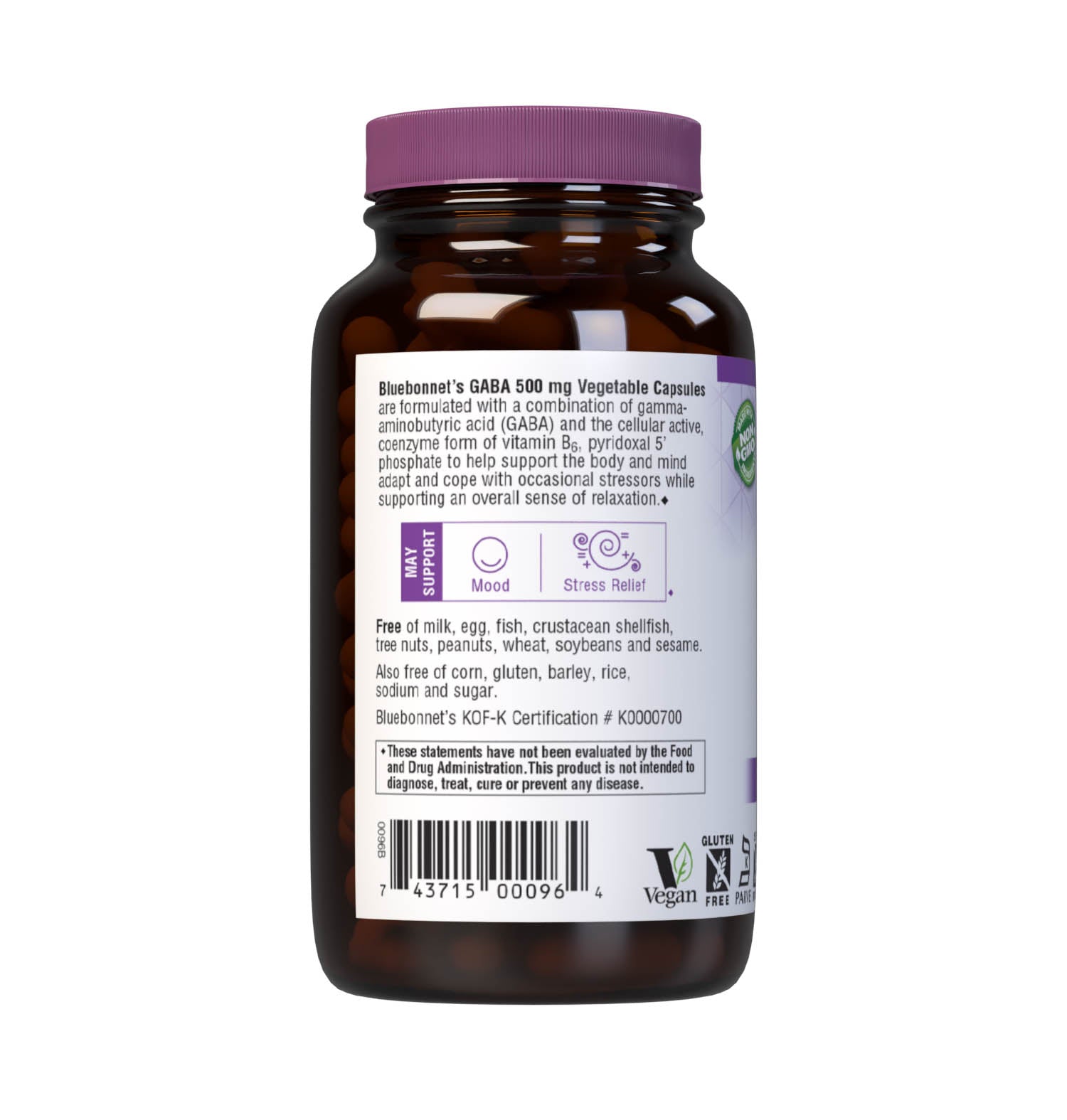 Bluebonnet’s GABA 500 mg 120 Vegetable Capsules are specially formulated to help the body and mind adapt and cope with occasional stressors while supporting an overall sense of relaxation utilizing a combination of gamma-aminobutyric acid (GABA) and the cellular active, coenzyme form of vitamin B6, pyridoxal 5’ phosphate. Description panel. #size_120 count
