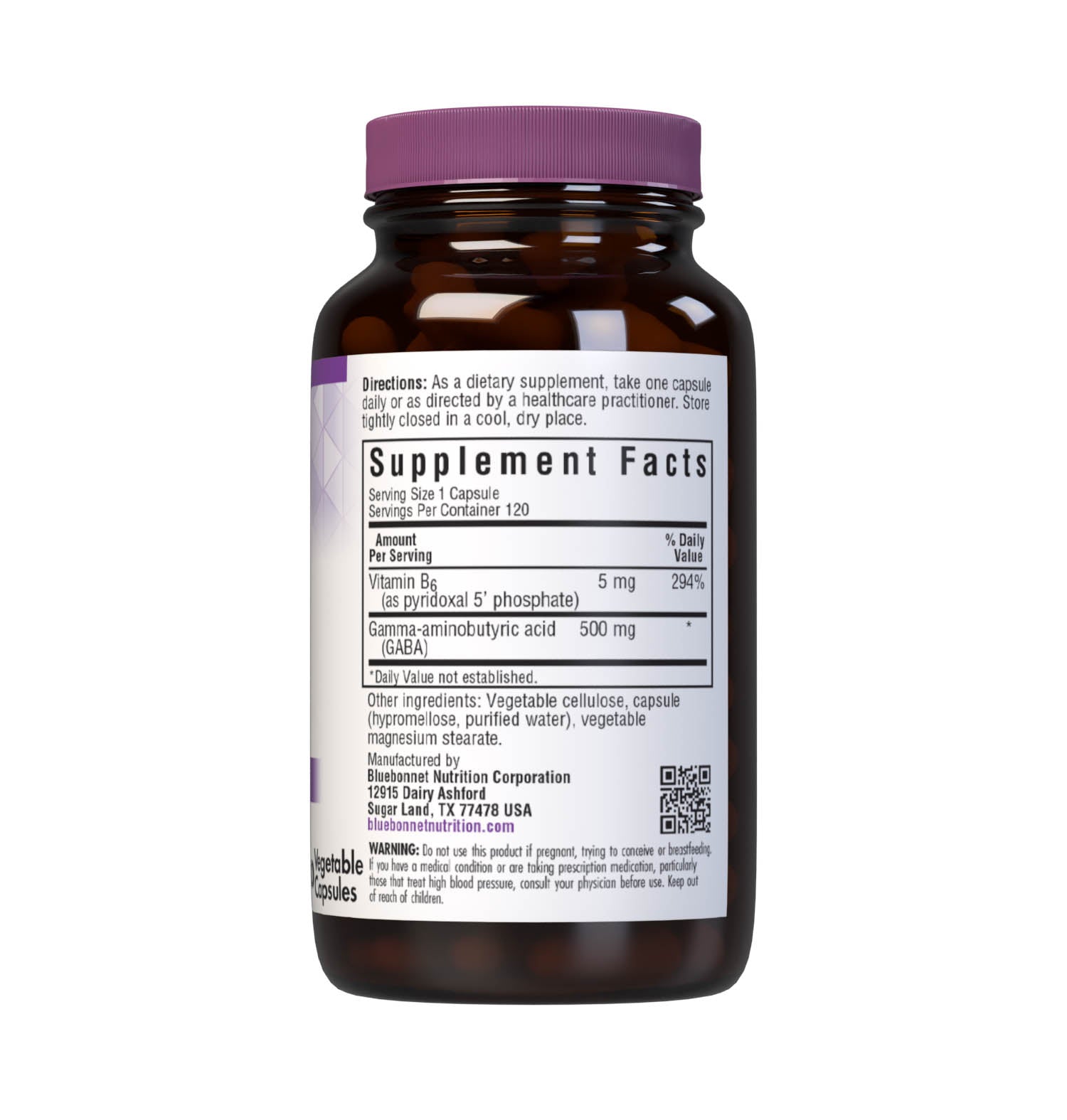 Bluebonnet’s GABA 500 mg 120 Vegetable Capsules are specially formulated to help the body and mind adapt and cope with occasional stressors while supporting an overall sense of relaxation utilizing a combination of gamma-aminobutyric acid (GABA) and the cellular active, coenzyme form of vitamin B6, pyridoxal 5’ phosphate. Supplement facts panel. #size_120 count
