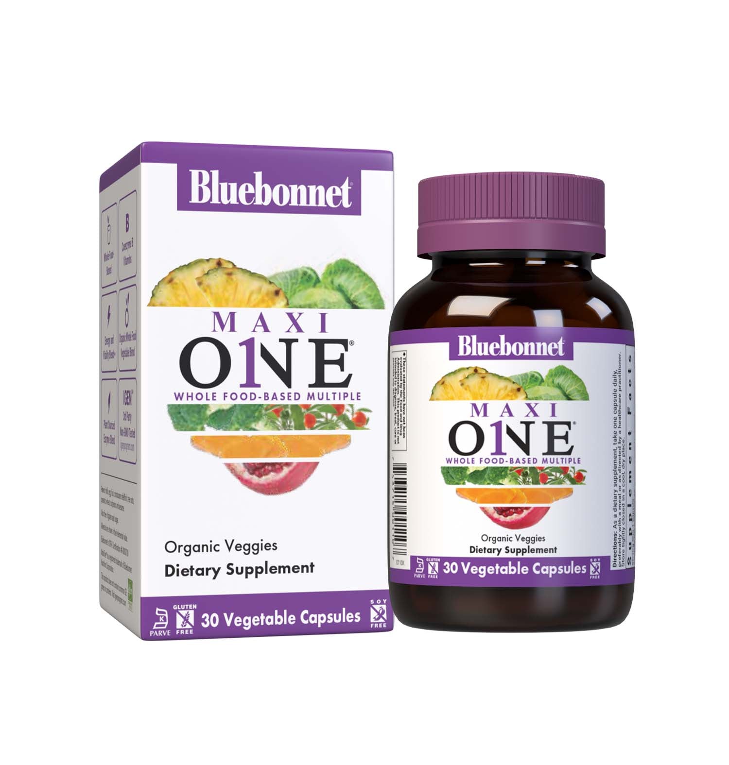 Bluebonnet’s Maxi ONE formula 30 Vegetable Capsules is a higher potency, single daily multivitamin and multimineral dietary supplement in a capsule and is formulated with highly efficient patented Albion chelated minerals, vitamin K2 from natto, select coenzyme B vitamins along with energy & vitality, organic whole food, and plant source enzyme blends. Bottle with box. #size_30 count