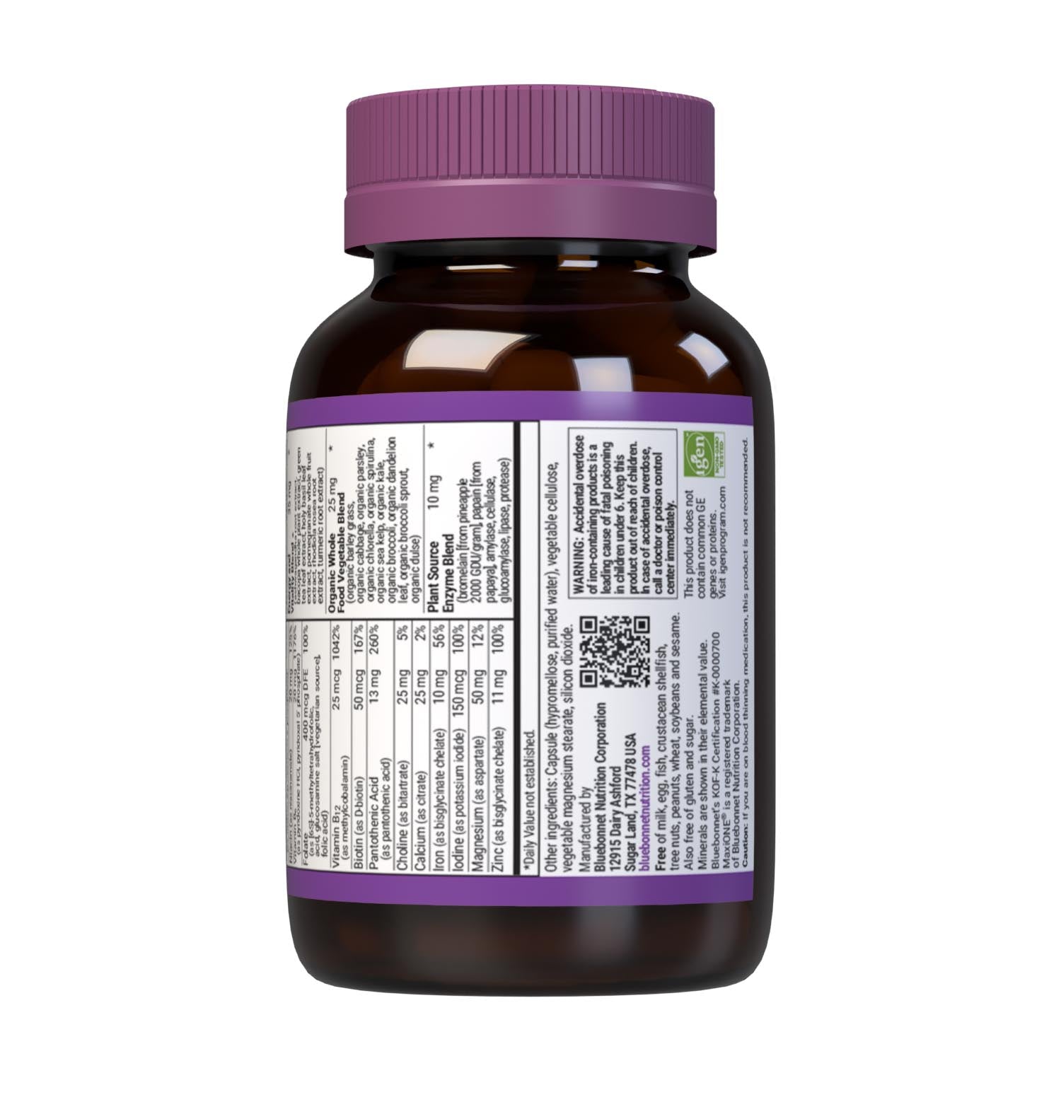 Bluebonnet’s Maxi ONE formula 30 Vegetable Capsules is a higher potency, single daily multivitamin and multimineral dietary supplement in a capsule and is formulated with highly efficient patented Albion chelated minerals, vitamin K2 from natto, select coenzyme B vitamins along with energy & vitality, organic whole food, and plant source enzyme blends. Supplement facts panel - bottom part. #size_30 count