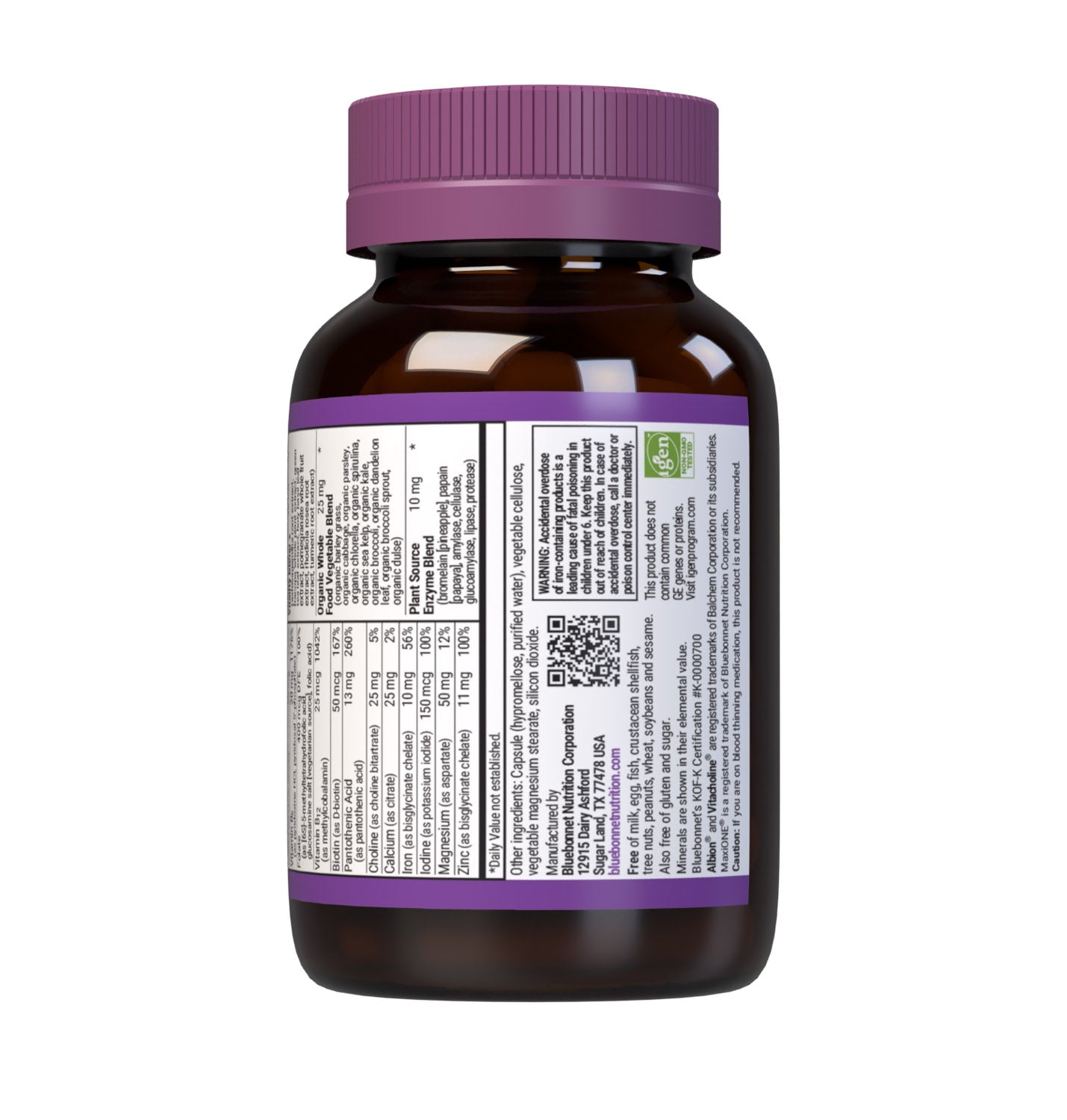 Bluebonnet’s Maxi ONE formula 30 Vegetable Capsules is a higher potency, single daily multivitamin and multimineral dietary supplement in a capsule and is formulated with highly efficient patented Albion chelated minerals, vitamin K2 from natto, select coenzyme B vitamins along with energy & vitality, organic whole food, and plant source enzyme blends. Supplement facts panel - bottom part. #size_30 count