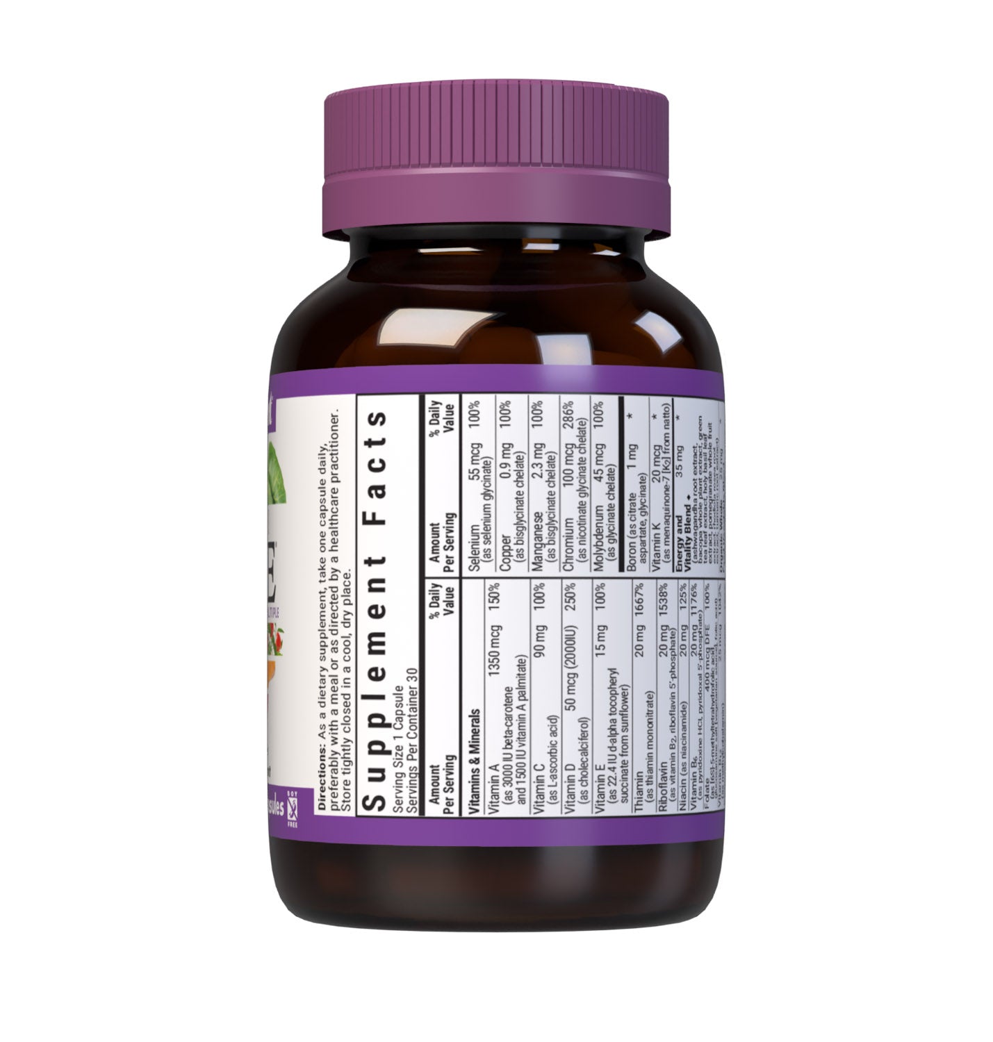 Bluebonnet’s Maxi ONE formula 30 Vegetable Capsules is a higher potency, single daily multivitamin and multimineral dietary supplement in a capsule and is formulated with highly efficient patented Albion chelated minerals, vitamin K2 from natto, select coenzyme B vitamins along with energy & vitality, organic whole food, and plant source enzyme blends. Supplement facts panel - top part. #size_30 count