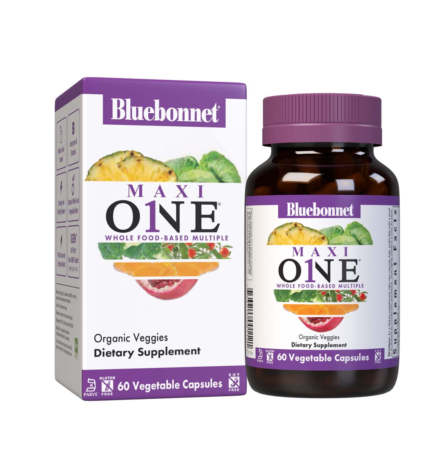 Bluebonnet’s Maxi ONE formula 60 Vegetable Capsules is a higher potency, single daily multivitamin and multimineral dietary supplement in a capsule and is formulated with highly efficient patented Albion chelated minerals, vitamin K2 from natto, select coenzyme B vitamins along with energy & vitality, organic whole food, and plant source enzyme blends. Bottle with box. #size_60 count