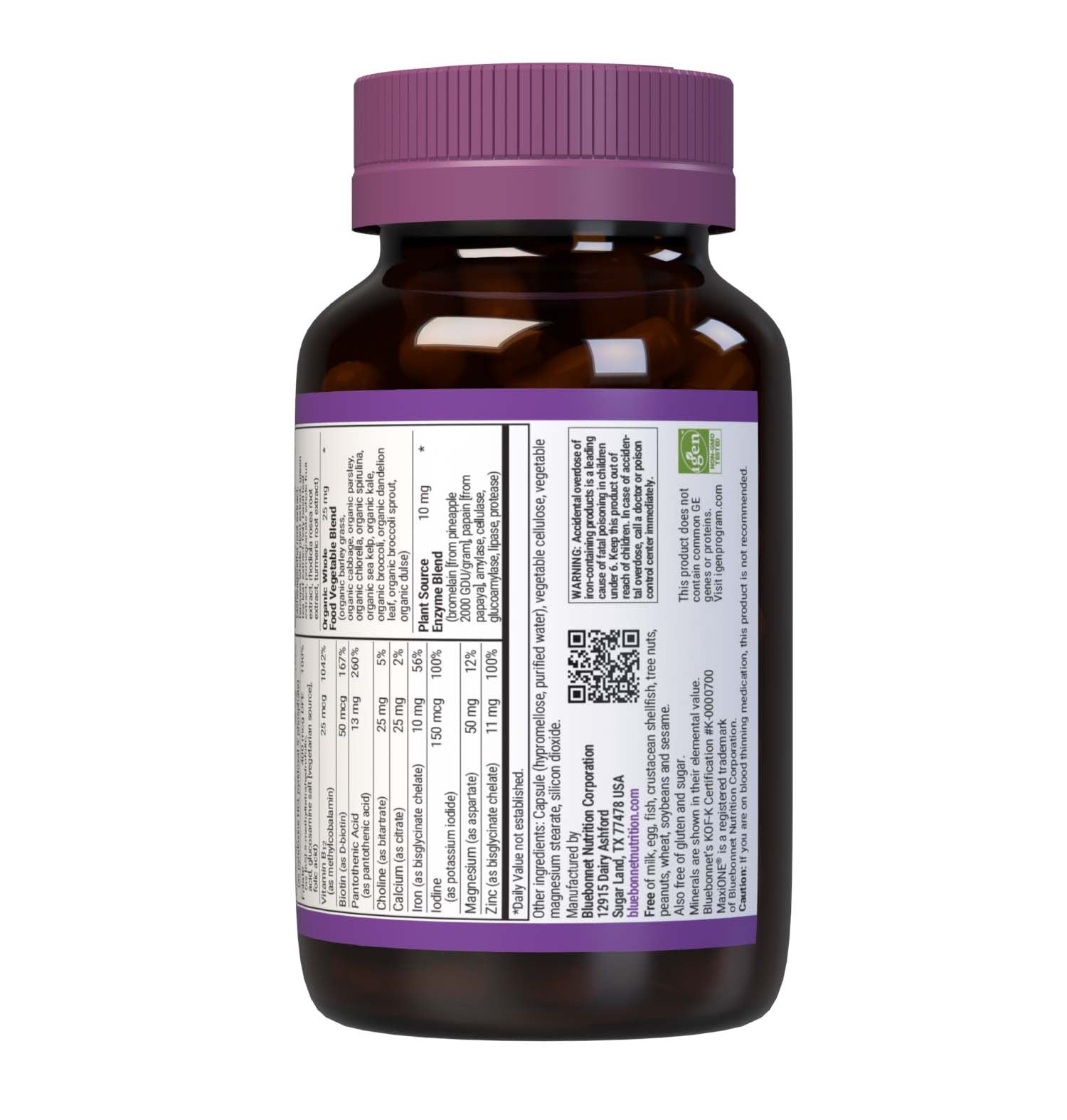 Bluebonnet’s Maxi ONE formula 60 Vegetable Capsules is a higher potency, single daily multivitamin and multimineral dietary supplement in a capsule and is formulated with highly efficient patented Albion chelated minerals, vitamin K2 from natto, select coenzyme B vitamins along with energy & vitality, organic whole food, and plant source enzyme blends. Supplement facts panel - bottom part. #size_60 count