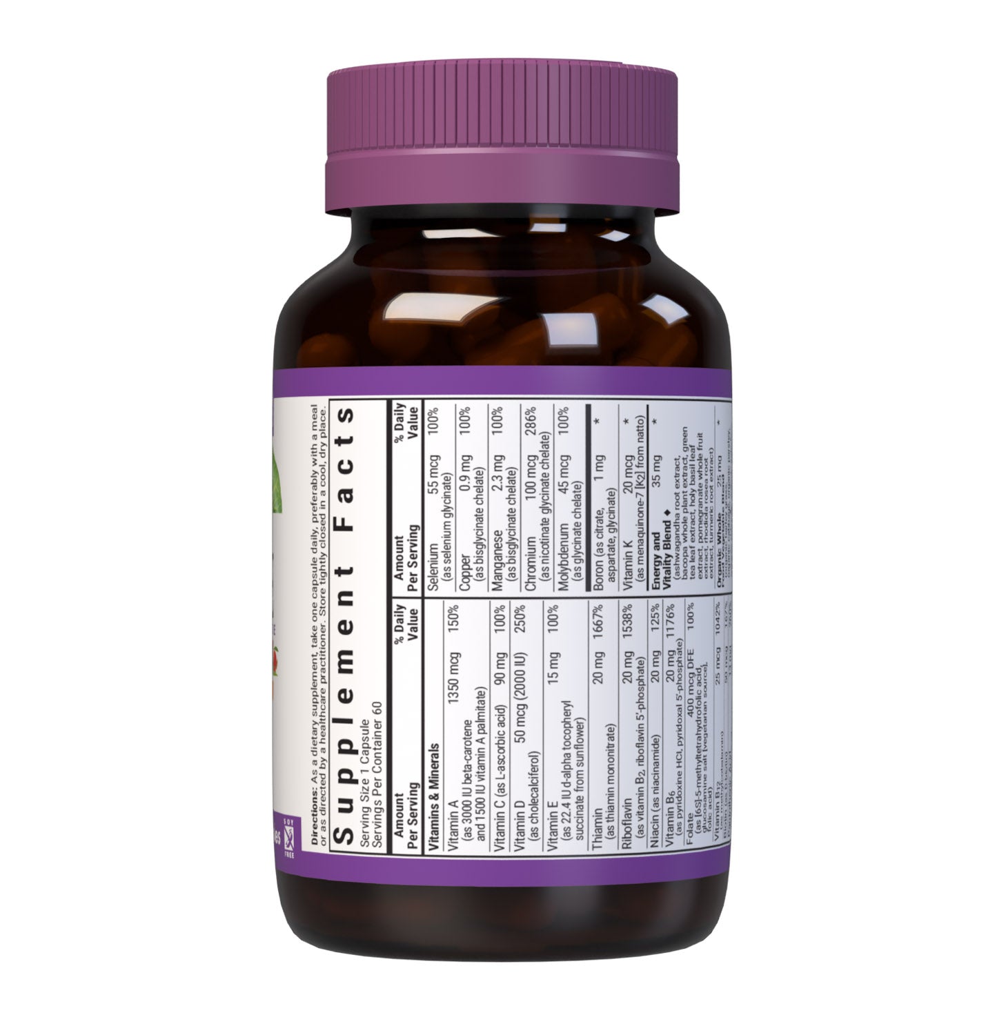 Bluebonnet’s Maxi ONE formula 60 Vegetable Capsules is a higher potency, single daily multivitamin and multimineral dietary supplement in a capsule and is formulated with highly efficient patented Albion chelated minerals, vitamin K2 from natto, select coenzyme B vitamins along with energy & vitality, organic whole food, and plant source enzyme blends. Supplement facts panel - top part. #size_60 count