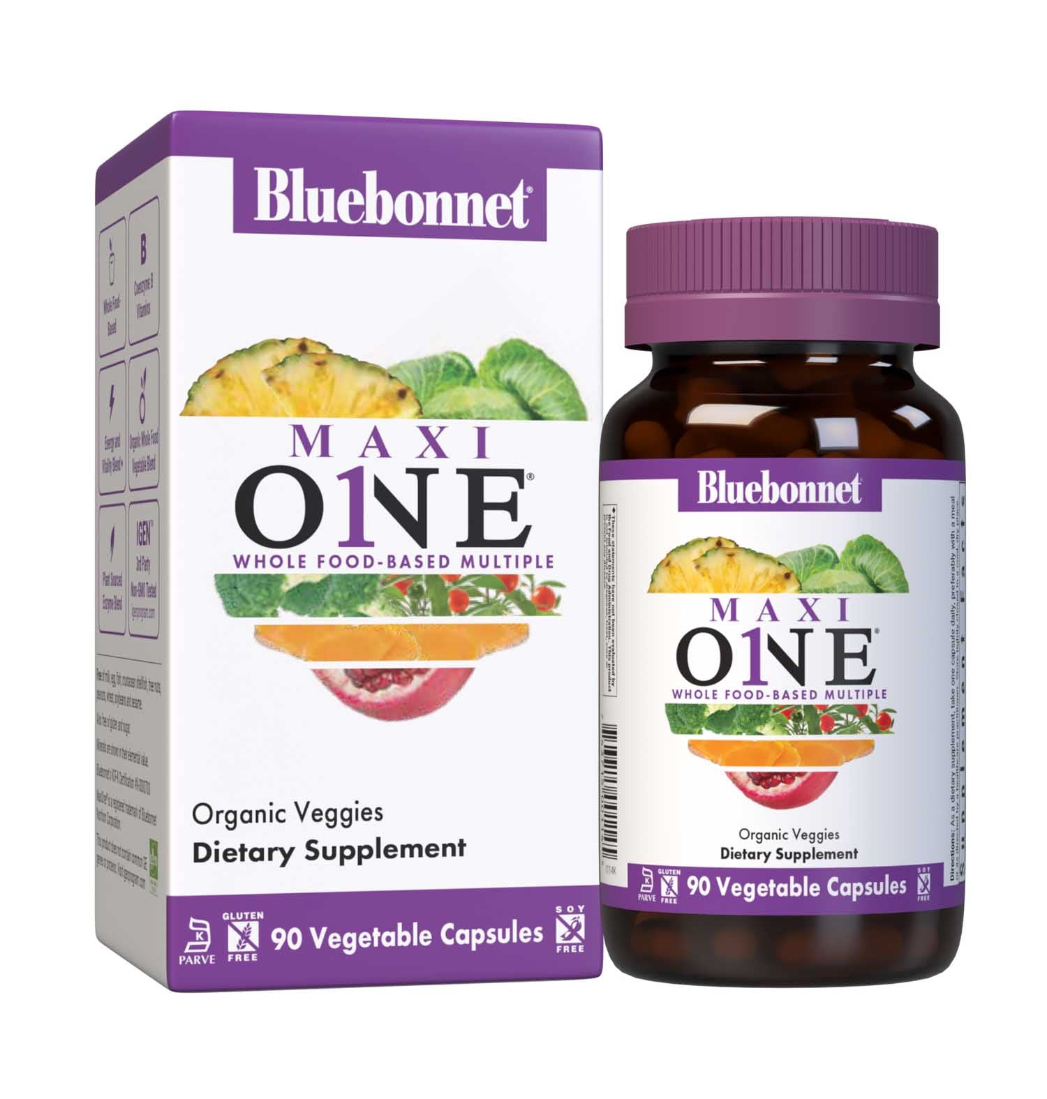 Bluebonnet’s Maxi ONE formula 90 Vegetable Capsules is a higher potency, single daily multivitamin and multimineral dietary supplement in a capsule and is formulated with highly efficient patented Albion chelated minerals, vitamin K2 from natto, select coenzyme B vitamins along with energy & vitality, organic whole food, and plant source enzyme blends. Bottle with box. #size_90 count