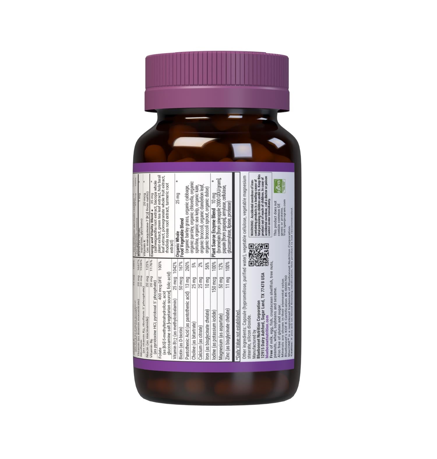 Bluebonnet’s Maxi ONE formula 90 Vegetable Capsules is a higher potency, single daily multivitamin and multimineral dietary supplement in a capsule and is formulated with highly efficient patented Albion chelated minerals, vitamin K2 from natto, select coenzyme B vitamins along with energy & vitality, organic whole food, and plant source enzyme blends. Supplement facts panel - bottom part. #size_90 count