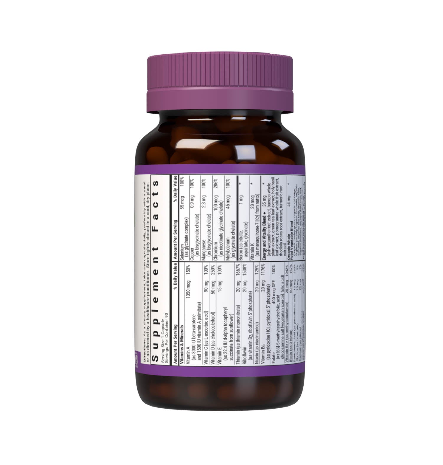 Bluebonnet’s Maxi ONE formula 90 Vegetable Capsules is a higher potency, single daily multivitamin and multimineral dietary supplement in a capsule and is formulated with highly efficient patented Albion chelated minerals, vitamin K2 from natto, select coenzyme B vitamins along with energy & vitality, organic whole food, and plant source enzyme blends. Supplement facts panel - top part. #size_90 count