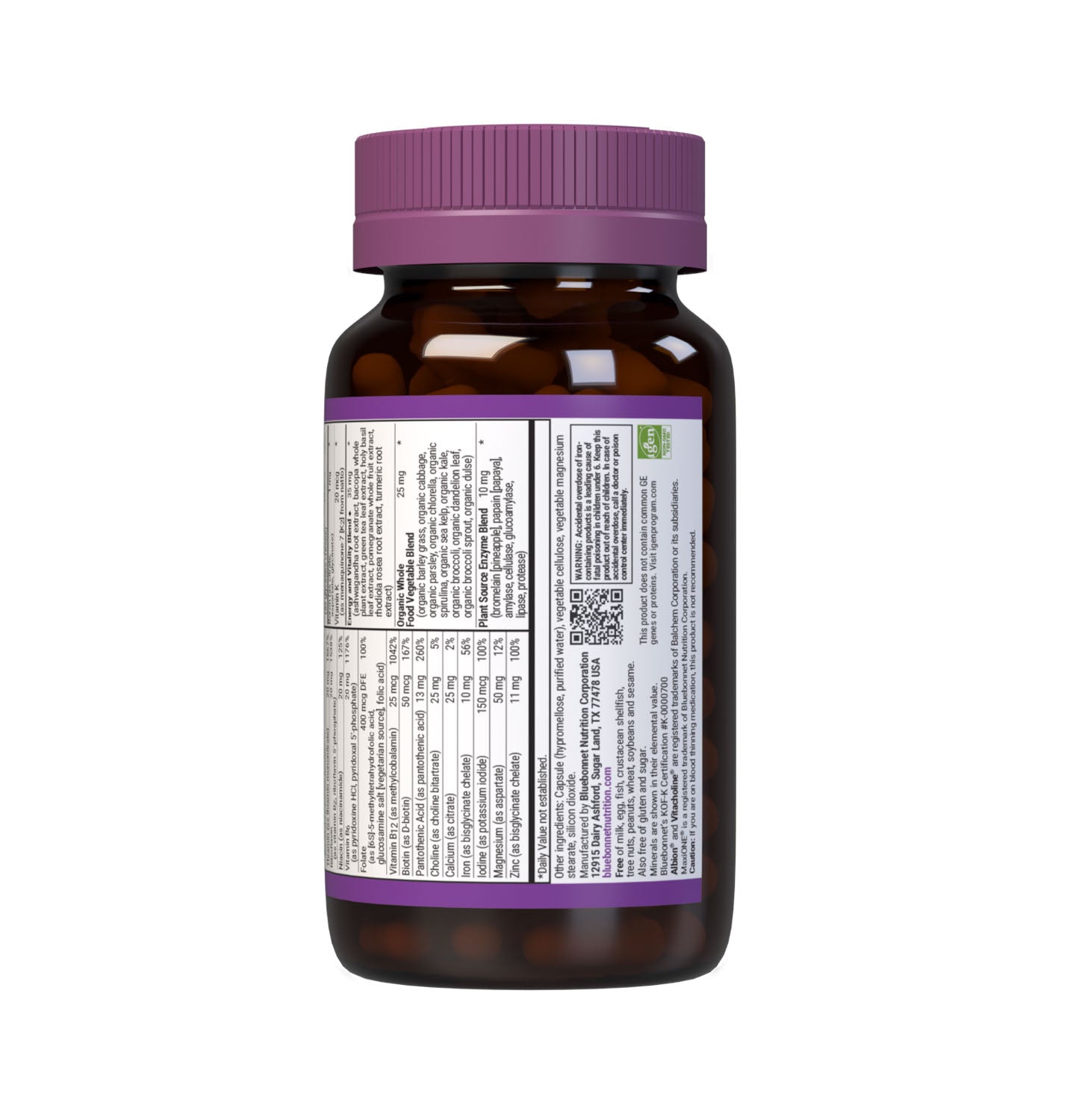 Bluebonnet’s Maxi ONE formula 90 Vegetable Capsules is a higher potency, single daily multivitamin and multimineral dietary supplement in a capsule and is formulated with highly efficient patented Albion chelated minerals, vitamin K2 from natto, select coenzyme B vitamins along with energy & vitality, organic whole food, and plant source enzyme blends. Supplement facts panel - bottom part. #size_90 count