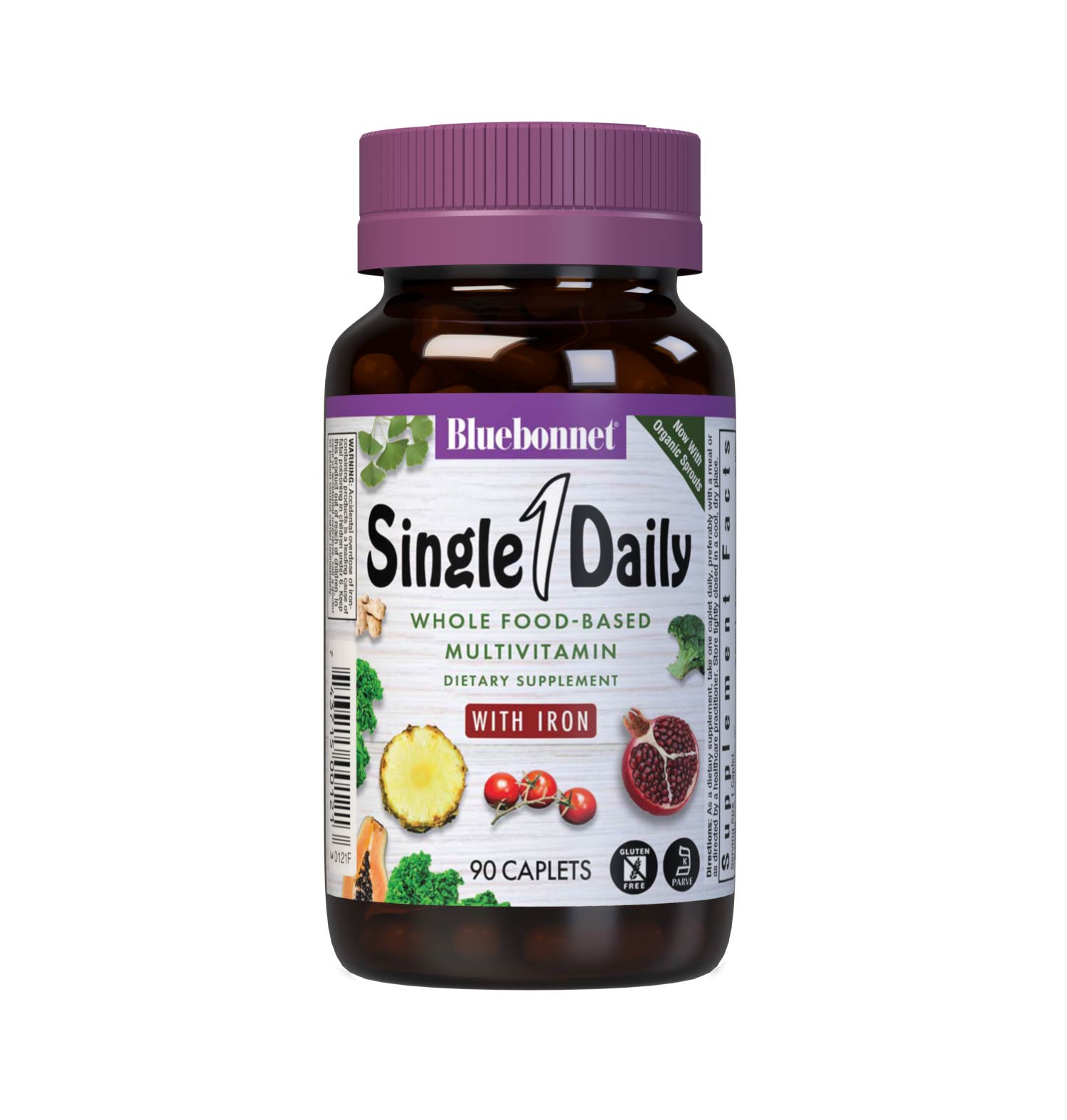 SingleDaily Multiple (With Free) 90 caplets whole food-based formula offers essential vitamins, minerals and enzymes from unique, kosher-certified, plant-based ingredients, such as adaptogenic and immune-boosting herbs, greens from nutrient-dense spirulina, chlorella and chlorophyll, lycopene from tomatoes and potent anti-aging antioxidants from pomegranate fruit. #size_90 count