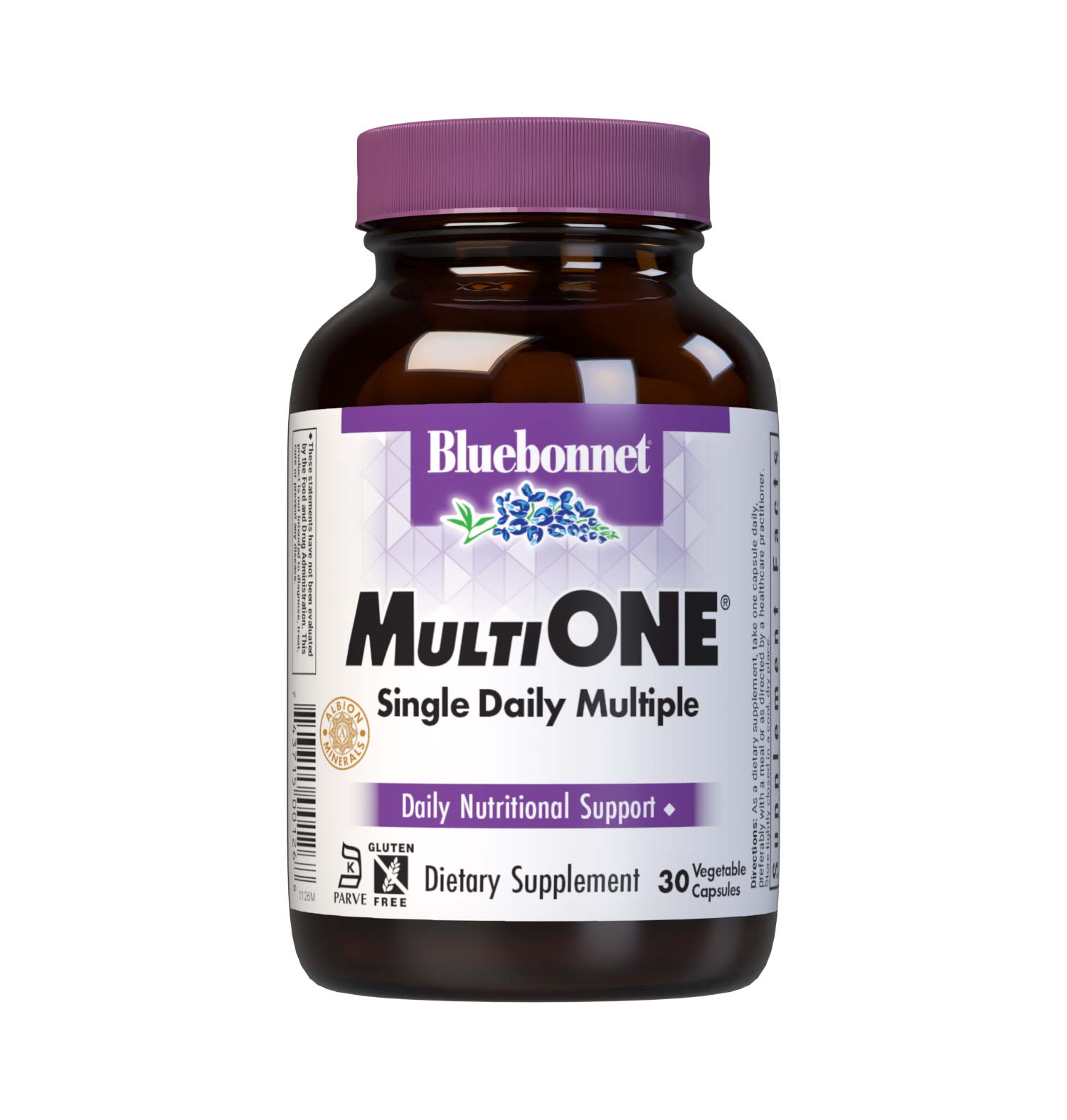 Bluebonnet’s Multi One Formula 30 Vegetable Capsules is a single daily multivitamin and multimineral dietary supplement in an easy-to-swallow, two-piece vegetable capsule and is formulated with highly efficient, patented Albion chelated minerals and popular carotenoids, such as beta carotene and FloraGLO lutein from marigold extract. #size_30 count