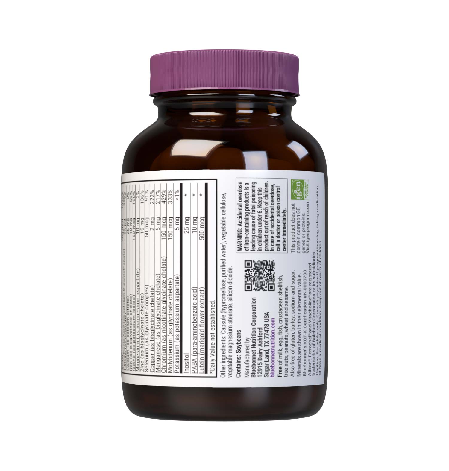 Bluebonnet’s Multi One Formula 30 Vegetable Capsules is a single daily multivitamin and multimineral dietary supplement in an easy-to-swallow, two-piece vegetable capsule and is formulated with highly efficient, patented Albion chelated minerals and popular carotenoids, such as beta carotene and FloraGLO lutein from marigold extract. Supplement facts panel bottom. #size_30 count