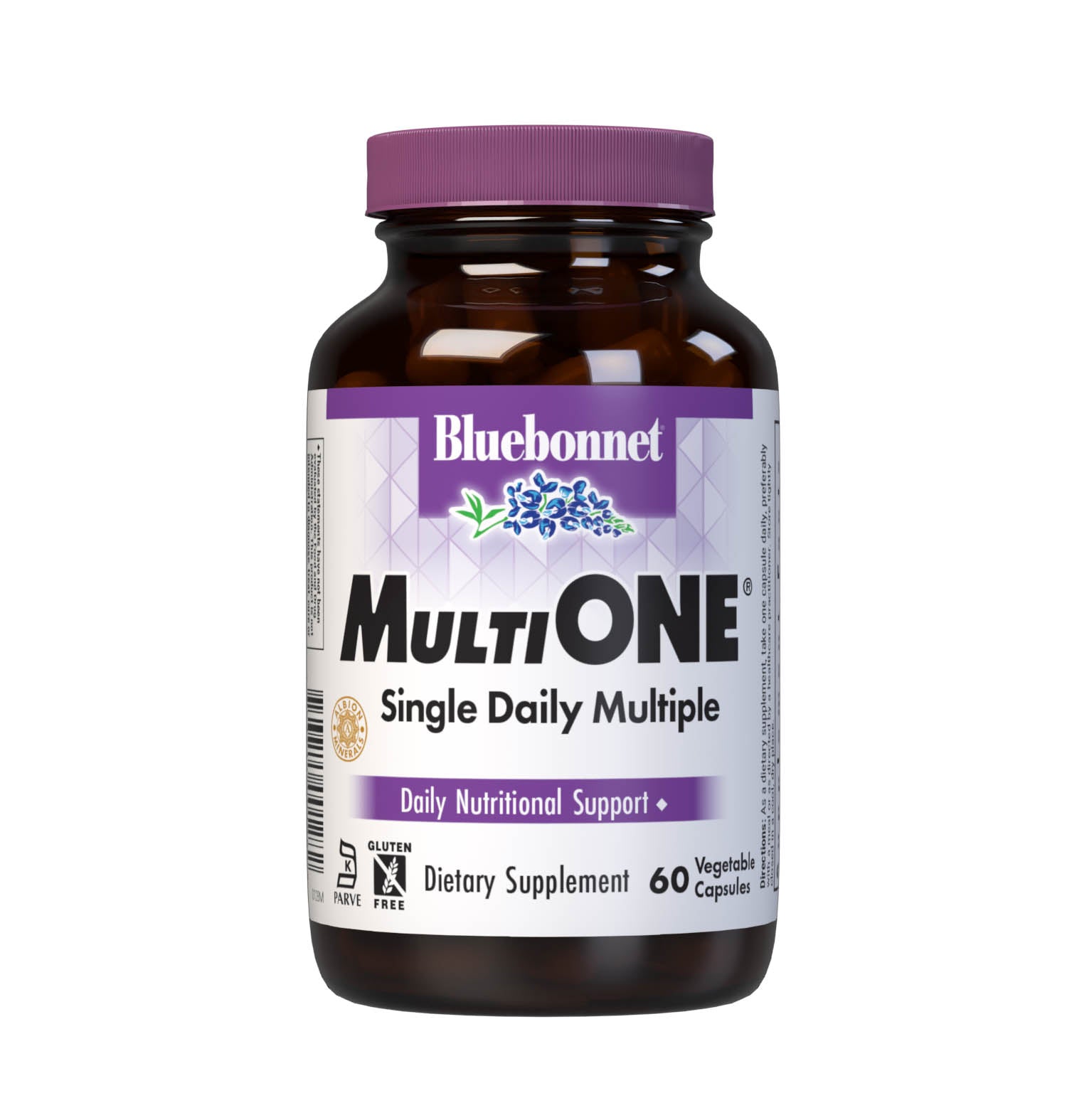 Bluebonnet’s Multi One Formula 30 Vegetable Capsules is a single daily multivitamin and multimineral dietary supplement in an easy-to-swallow, two-piece vegetable capsule and is formulated with highly efficient, patented Albion chelated minerals and popular carotenoids, such as beta carotene and FloraGLO lutein from marigold extract. #size_60 count