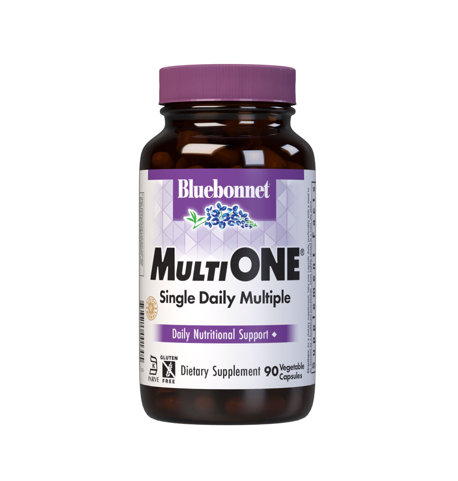 Bluebonnet’s Multi One Formula 90 Vegetable Capsules is a single daily multivitamin and multimineral dietary supplement in an easy-to-swallow, two-piece vegetable capsule and is formulated with highly efficient, patented Albion chelated minerals and popular carotenoids, such as beta carotene and FloraGLO lutein from marigold extract. #size_90 count