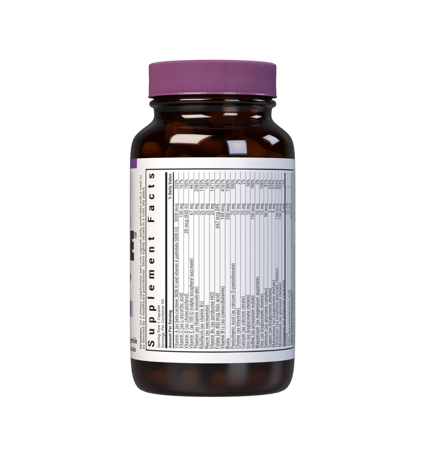 Bluebonnet’s Multi One Formula 90 Vegetable Capsules is a single daily multivitamin and multimineral dietary supplement in an easy-to-swallow, two-piece vegetable capsule and is formulated with highly efficient, patented Albion chelated minerals and popular carotenoids, such as beta carotene and FloraGLO lutein from marigold extract. Supplement facts panel top. #size_90 count