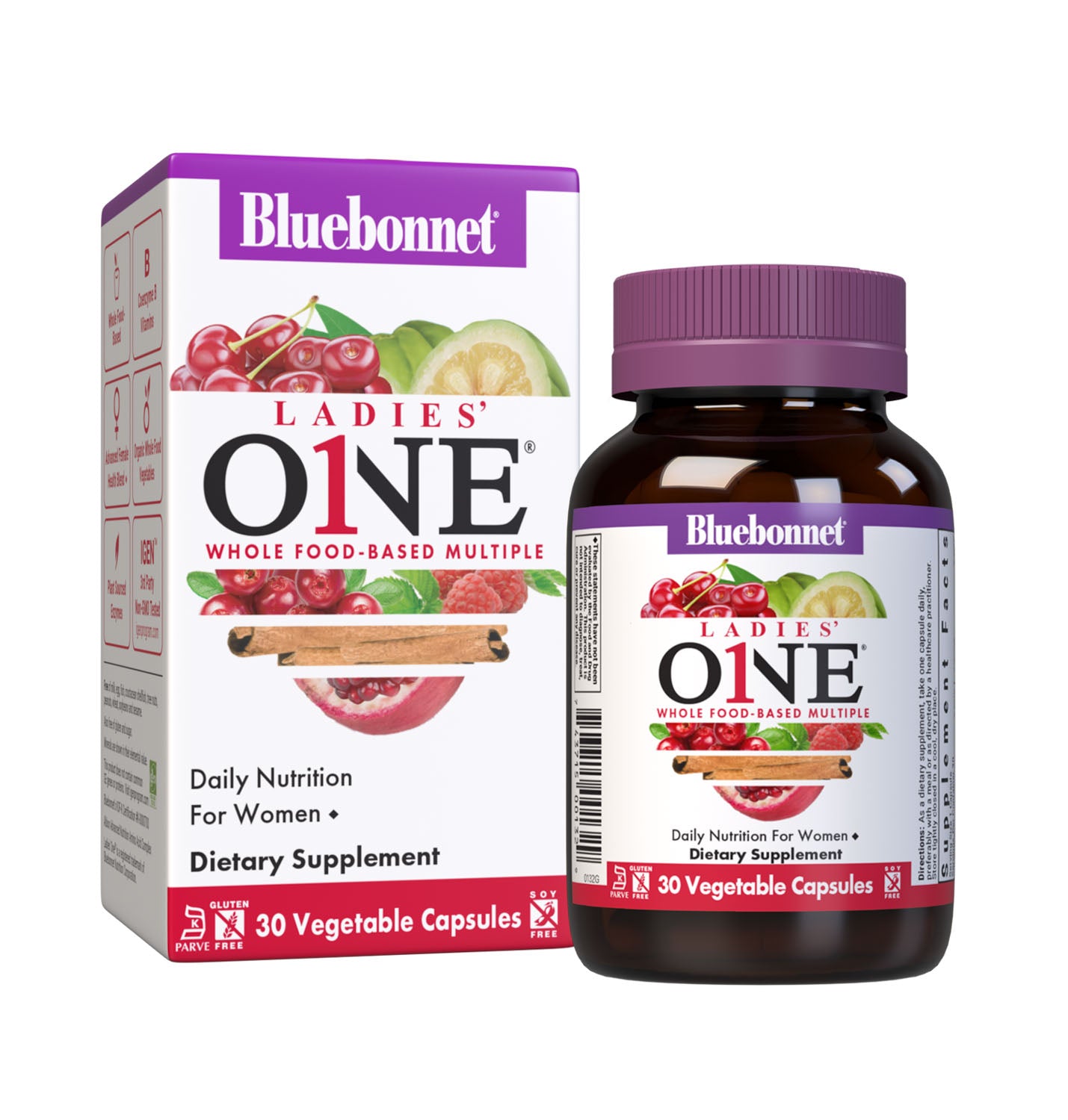 Bluebonnet’s Ladies' One Whole Food-Based Multiple 30 vegetable capsules is formulated with over 25 crucial nutrients like vitamin K2 and vitamin E from sunflower, all the coenzyme forms of the B vitamins, plus Albion chelated minerals in addition to an organic whole food vegetable blend, a plant-sourced enzyme blend, and a unique female health blend for daily nutrition and well being. Bottle with box. #size_30 count