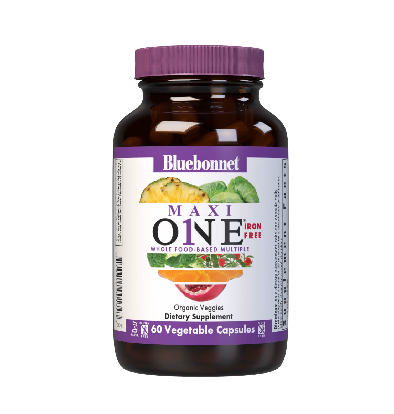 Bluebonnet’s Maxi ONE formula (Iron-Free) 60 vegetable capsules is a higher potency, single daily multivitamin and multimineral dietary supplement in a capsule and is formulated with highly efficient patented Albion chelated minerals, vitamin K2 from natto, select coenzyme B vitamins along with energy & vitality, organic whole food, and plant source enzyme blends. #size_60 count