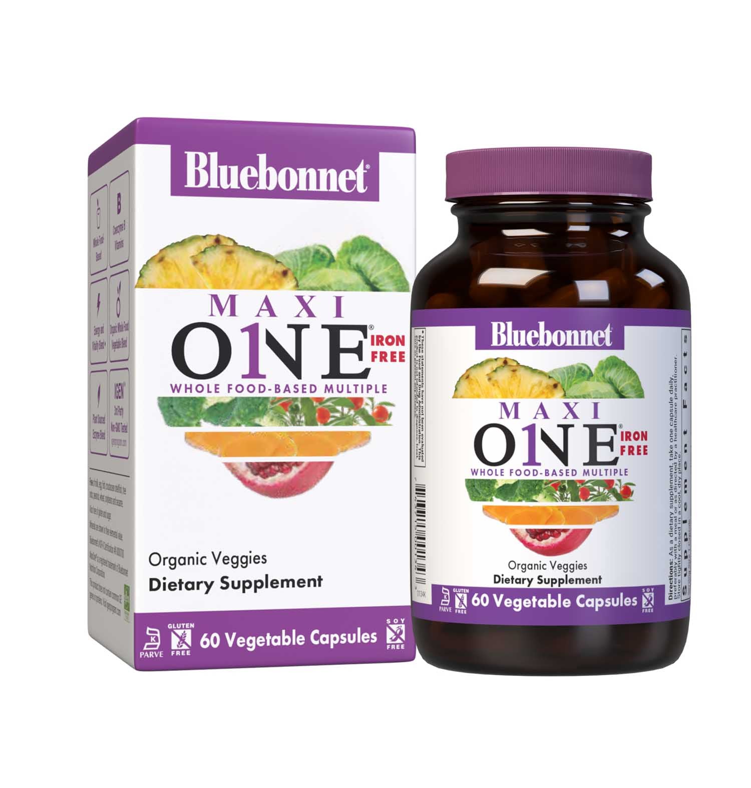 Bluebonnet’s Maxi ONE formula (Iron-Free) 60 vegetable capsules is a higher potency, single daily multivitamin and multimineral dietary supplement in a capsule and is formulated with highly efficient patented Albion chelated minerals, vitamin K2 from natto, select coenzyme B vitamins along with energy & vitality, organic whole food, and plant source enzyme blends. Bottle with box. #size_60 count