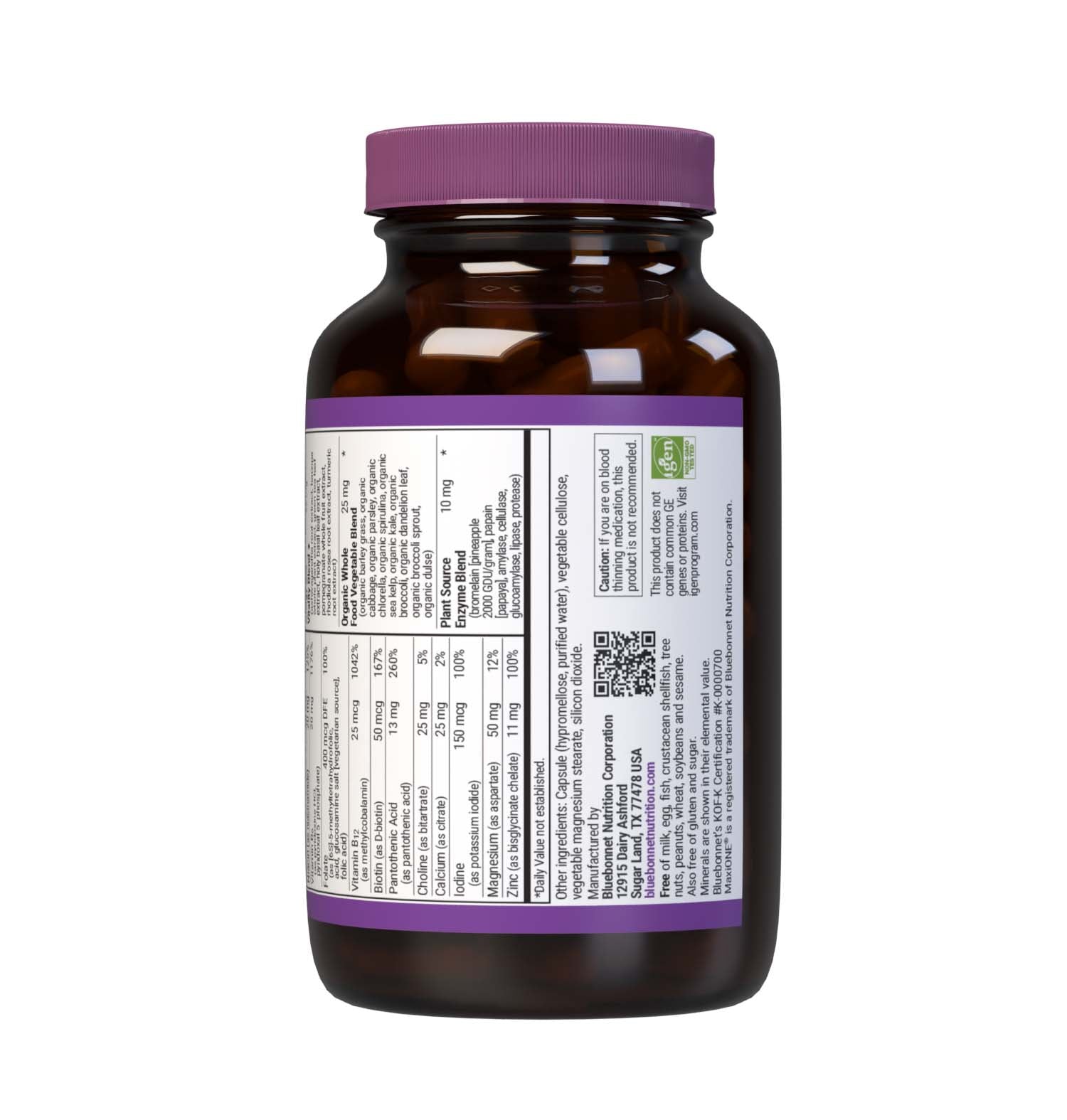 Bluebonnet’s Maxi ONE formula (Iron-Free) 60 vegetable capsules is a higher potency, single daily multivitamin and multimineral dietary supplement in a capsule and is formulated with highly efficient patented Albion chelated minerals, vitamin K2 from natto, select coenzyme B vitamins along with energy & vitality, organic whole food, and plant source enzyme blends. Supplement facts panel bottom part. #size_60 count