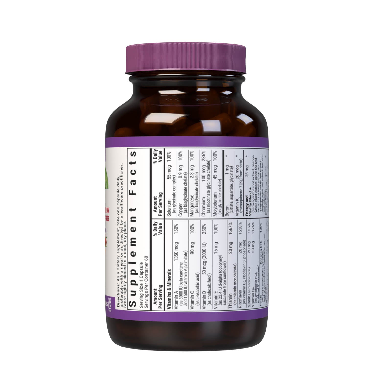 Bluebonnet’s Maxi ONE formula (Iron-Free) 60 vegetable capsules is a higher potency, single daily multivitamin and multimineral dietary supplement in a capsule and is formulated with highly efficient patented Albion chelated minerals, vitamin K2 from natto, select coenzyme B vitamins along with energy & vitality, organic whole food, and plant source enzyme blends. Supplement facts panel. #size_60 count