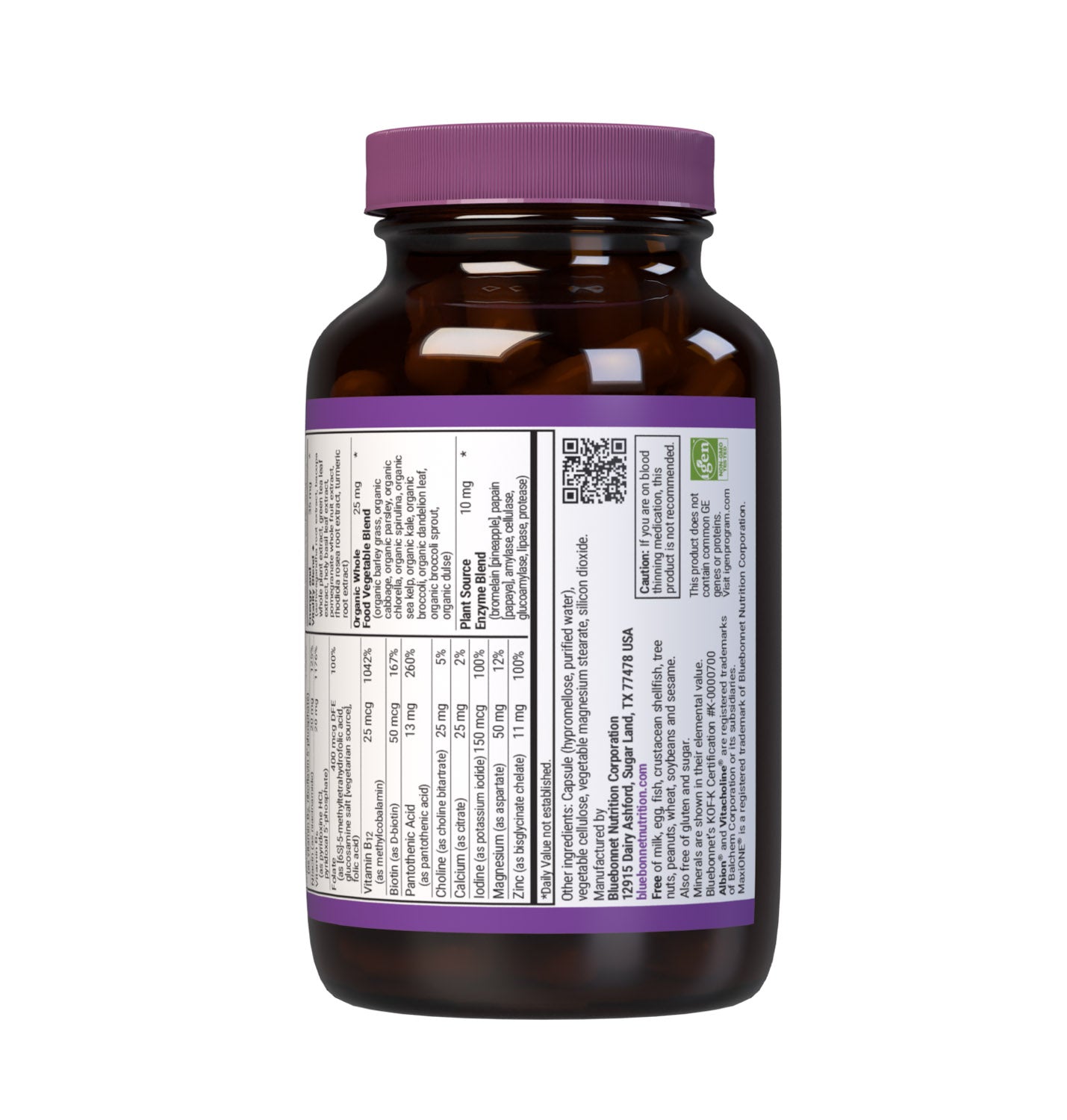 Bluebonnet’s Maxi ONE formula (Iron-Free) 60 vegetable capsules is a higher potency, single daily multivitamin and multimineral dietary supplement in a capsule and is formulated with highly efficient patented Albion chelated minerals, vitamin K2 from natto, select coenzyme B vitamins along with energy & vitality, organic whole food, and plant source enzyme blends. Supplement facts, bottom part. #size_60 count