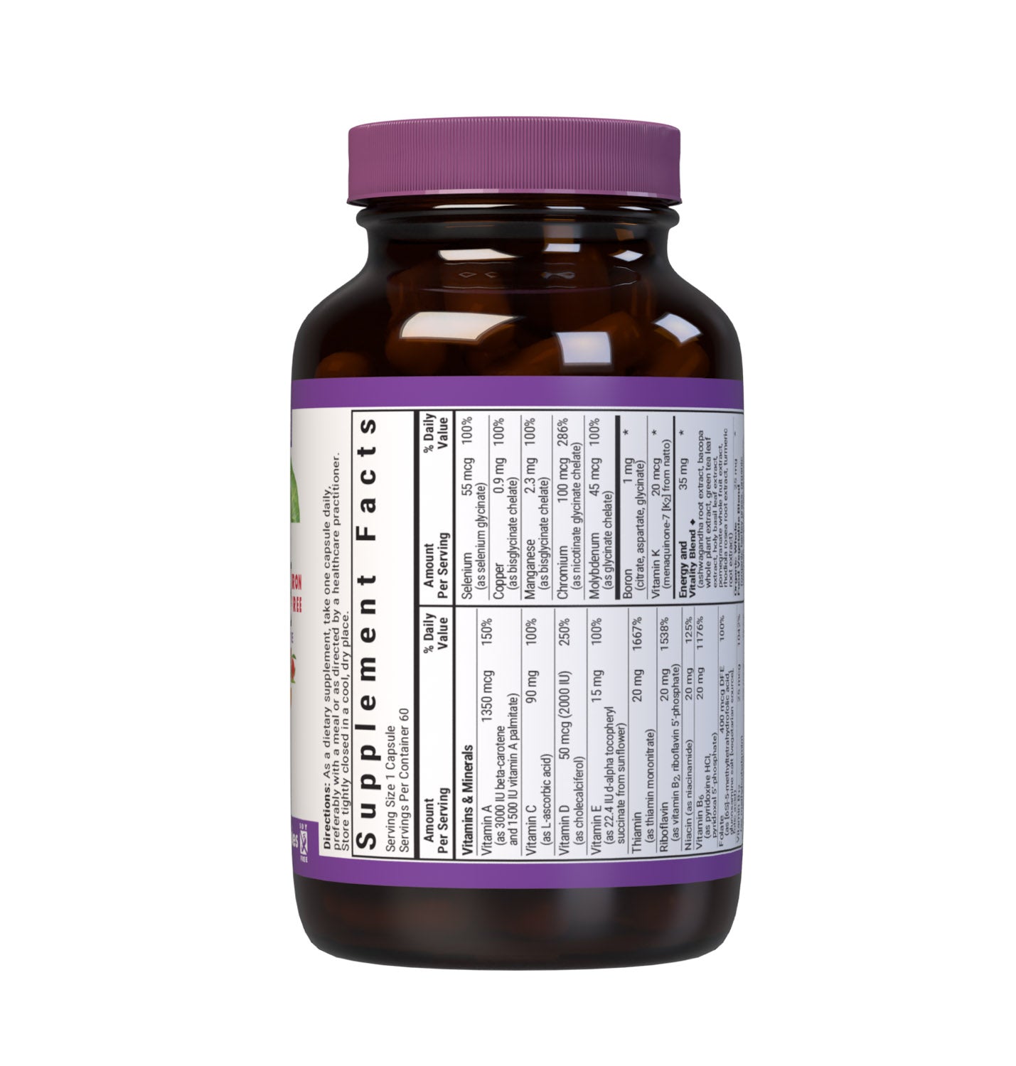 Bluebonnet’s Maxi ONE formula (Iron-Free) 60 vegetable capsules is a higher potency, single daily multivitamin and multimineral dietary supplement in a capsule and is formulated with highly efficient patented Albion chelated minerals, vitamin K2 from natto, select coenzyme B vitamins along with energy & vitality, organic whole food, and plant source enzyme blends. Supplement facts, top part. #size_60 count