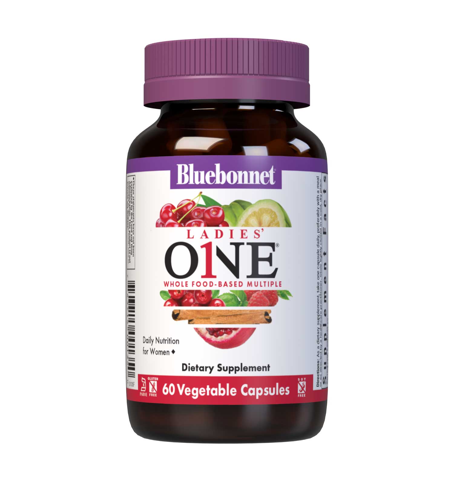  Bluebonnet’s Ladies' One Whole Food-Based Multiple 60 vegetable capsules is formulated with over 25 crucial nutrients like vitamin K2 and vitamin E from sunflower, all the coenzyme forms of the B vitamins, plus Albion chelated minerals in addition to an organic whole food vegetable blend, a plant-sourced enzyme blend, and a unique female health blend for daily nutrition and well being. #size_60 count