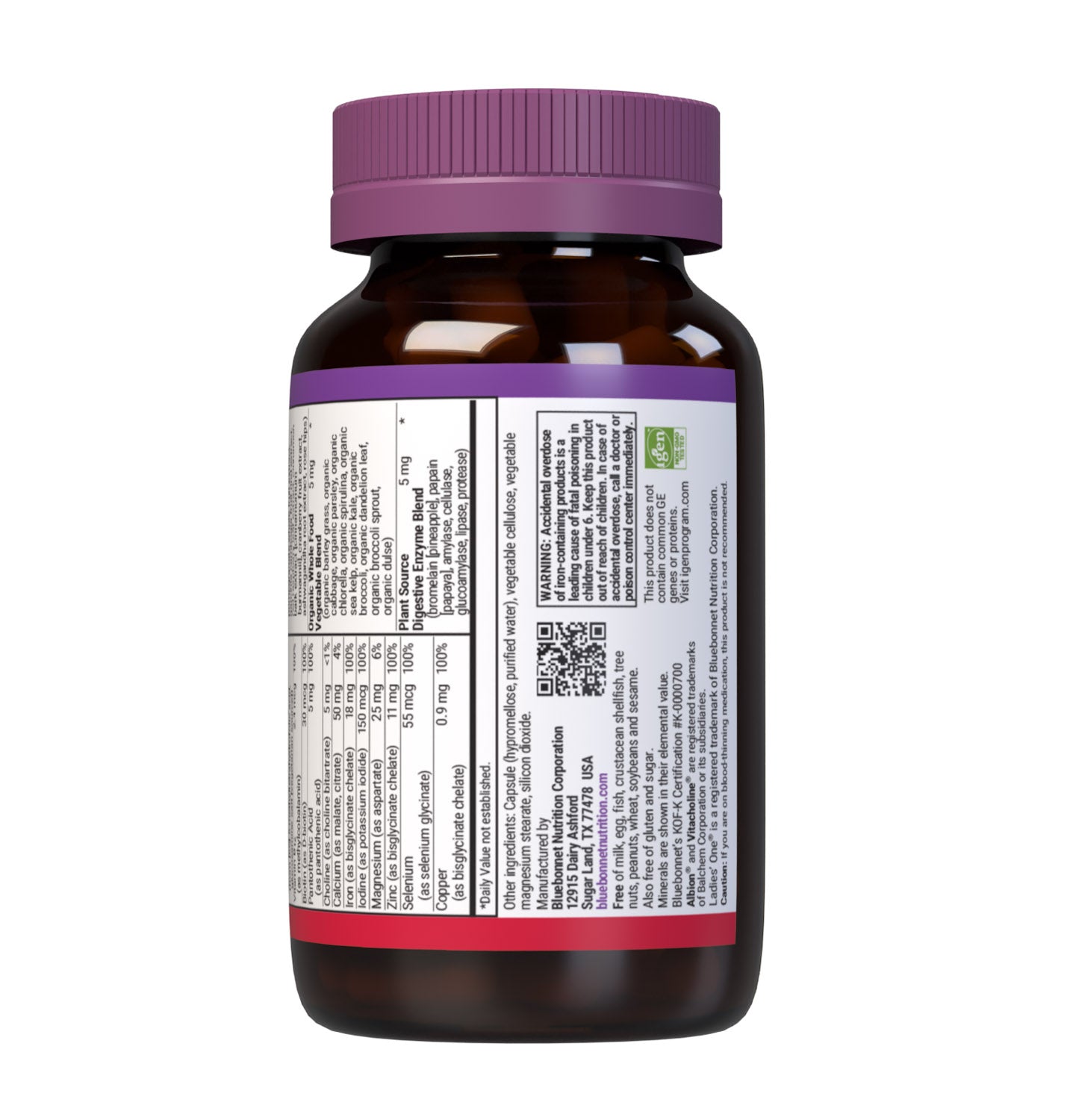 Bluebonnet’s Ladies' One Whole Food-Based Multiple 60 vegetable capsules is formulated with over 25 crucial nutrients like vitamin K2 and vitamin E from sunflower, all the coenzyme forms of the B vitamins, plus Albion chelated minerals in addition to an organic whole food vegetable blend, a plant-sourced enzyme blend, and a unique female health blend for daily nutrition and well being. Supplement facts bottom panel. #size_60 count