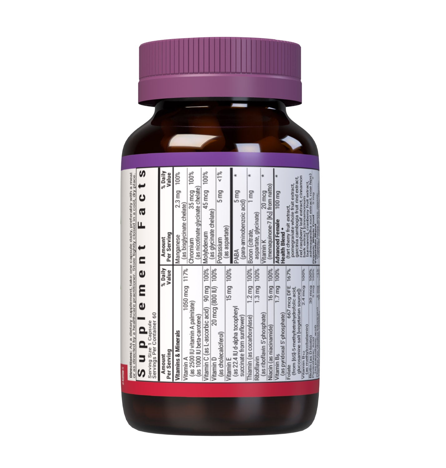 Bluebonnet’s Ladies' One Whole Food-Based Multiple 60 vegetable capsules is formulated with over 25 crucial nutrients like vitamin K2 and vitamin E from sunflower, all the coenzyme forms of the B vitamins, plus Albion chelated minerals in addition to an organic whole food vegetable blend, a plant-sourced enzyme blend, and a unique female health blend for daily nutrition and well being. Supplement facts, top panel. #size_60 count