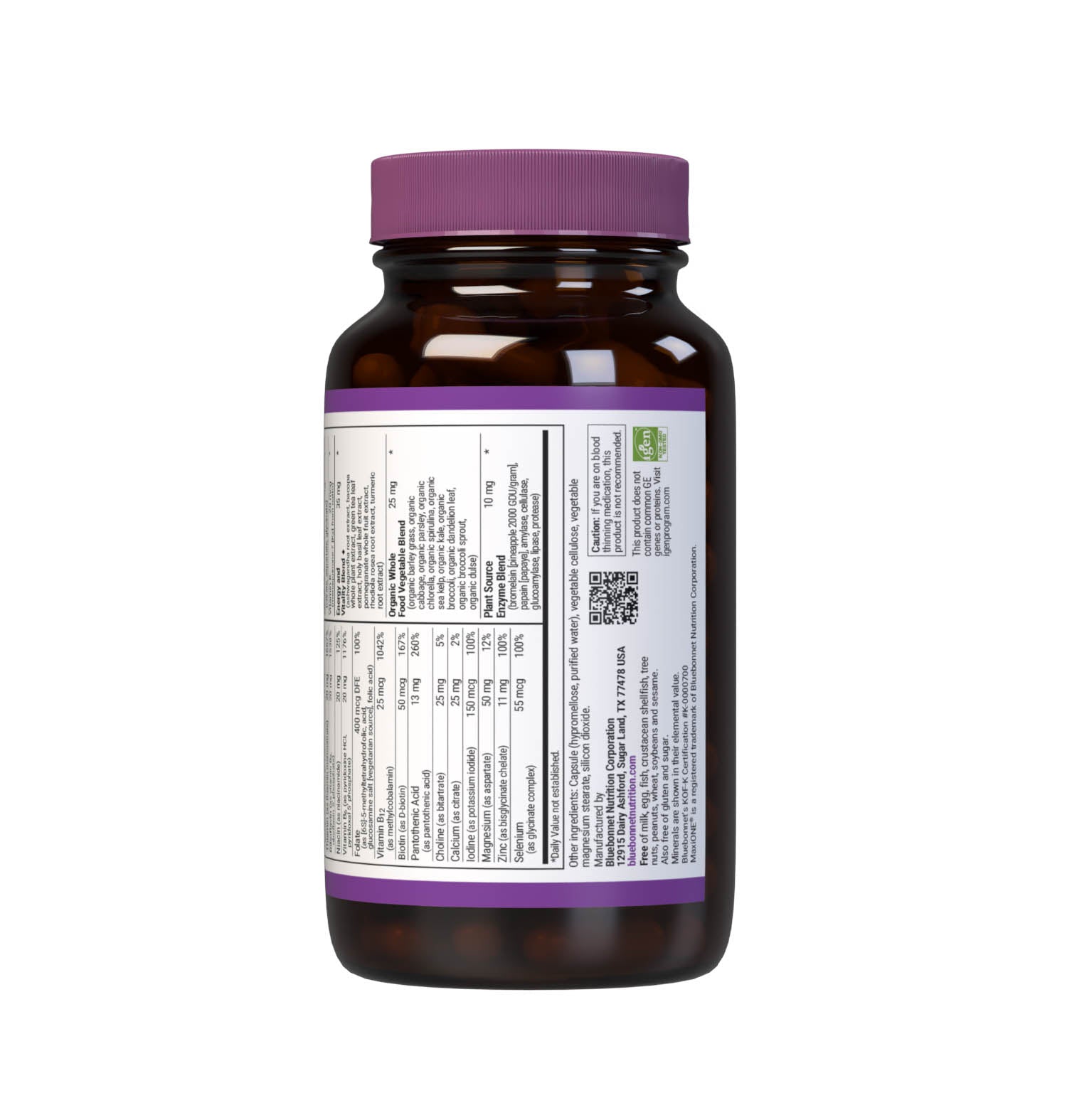 Bluebonnet’s Maxi ONE formula (Iron-Free) 90 vegetable capsules is a higher potency, single daily multivitamin and multimineral dietary supplement in a capsule and is formulated with highly efficient patented Albion chelated minerals, vitamin K2 from natto, select coenzyme B vitamins along with energy & vitality, organic whole food, and plant source enzyme blends. Supplement facts panel bottom part. #size_90 count