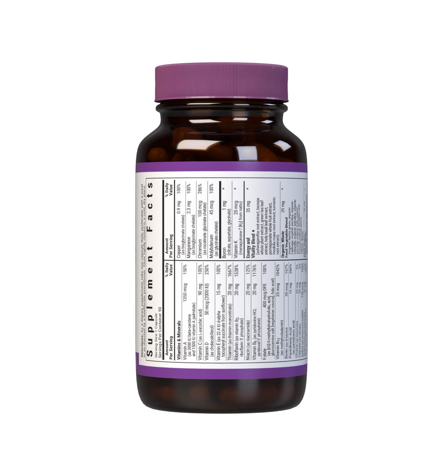 Bluebonnet’s Maxi ONE formula (Iron-Free) 90 vegetable capsules is a higher potency, single daily multivitamin and multimineral dietary supplement in a capsule and is formulated with highly efficient patented Albion chelated minerals, vitamin K2 from natto, select coenzyme B vitamins along with energy & vitality, organic whole food, and plant source enzyme blends. Supplement facts panel top part. #size_90 count