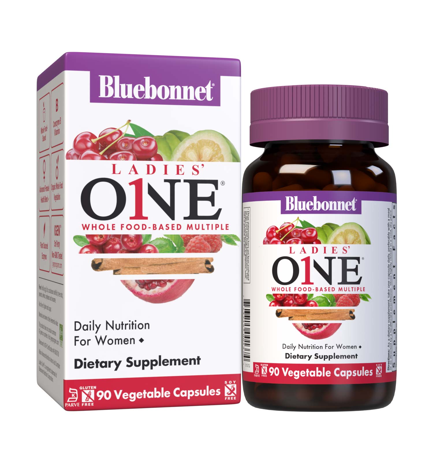Bluebonnet’s Ladies' One Whole Food-Based Multiple 90 vegetable capsules is formulated with over 25 crucial nutrients like vitamin K2 and vitamin E from sunflower, all the coenzyme forms of the B vitamins, plus Albion chelated minerals in addition to an organic whole food vegetable blend, a plant-sourced enzyme blend, and a unique female health blend for daily nutrition and well being. Bottle with box shot. #size_90 count