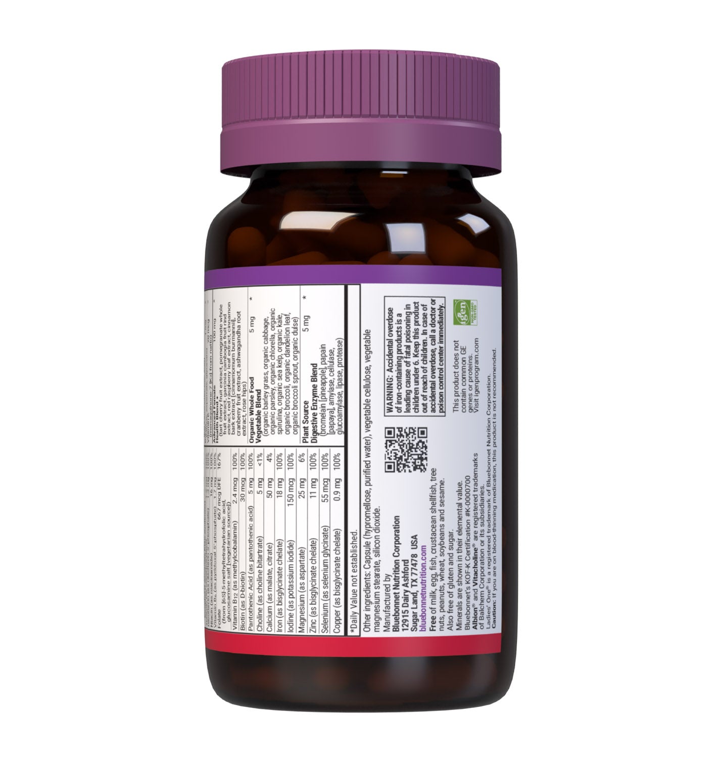Bluebonnet’s Ladies' One Whole Food-Based Multiple 90 vegetable capsules is formulated with over 25 crucial nutrients like vitamin K2 and vitamin E from sunflower, all the coenzyme forms of the B vitamins, plus Albion chelated minerals in addition to an organic whole food vegetable blend, a plant-sourced enzyme blend, and a unique female health blend for daily nutrition and well being. Supplement facts, bottom part. #size_90 count