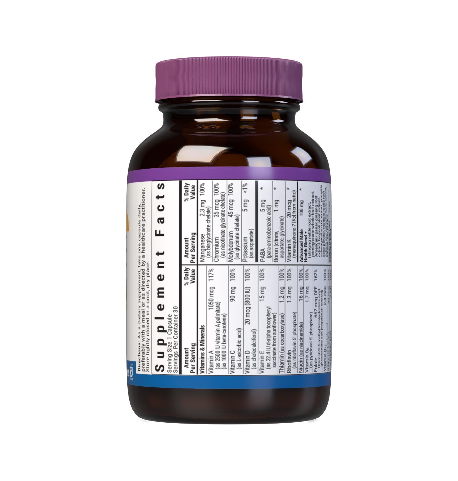 Bluebonnet’s Men's One Whole Food-Based Multiple 30 vegetable capsules is formulated with over 25 crucial nutrients like vitamin K2 and vitamin E from sunflower, all the coenzyme forms of the B vitamins, plus Albion chelated minerals in addition to an organic whole food vegetable blend, a plant-sourced enzyme blend, and a unique male health blend for daily nutrition and well being. Supplement facts panel part1. #size_30 count