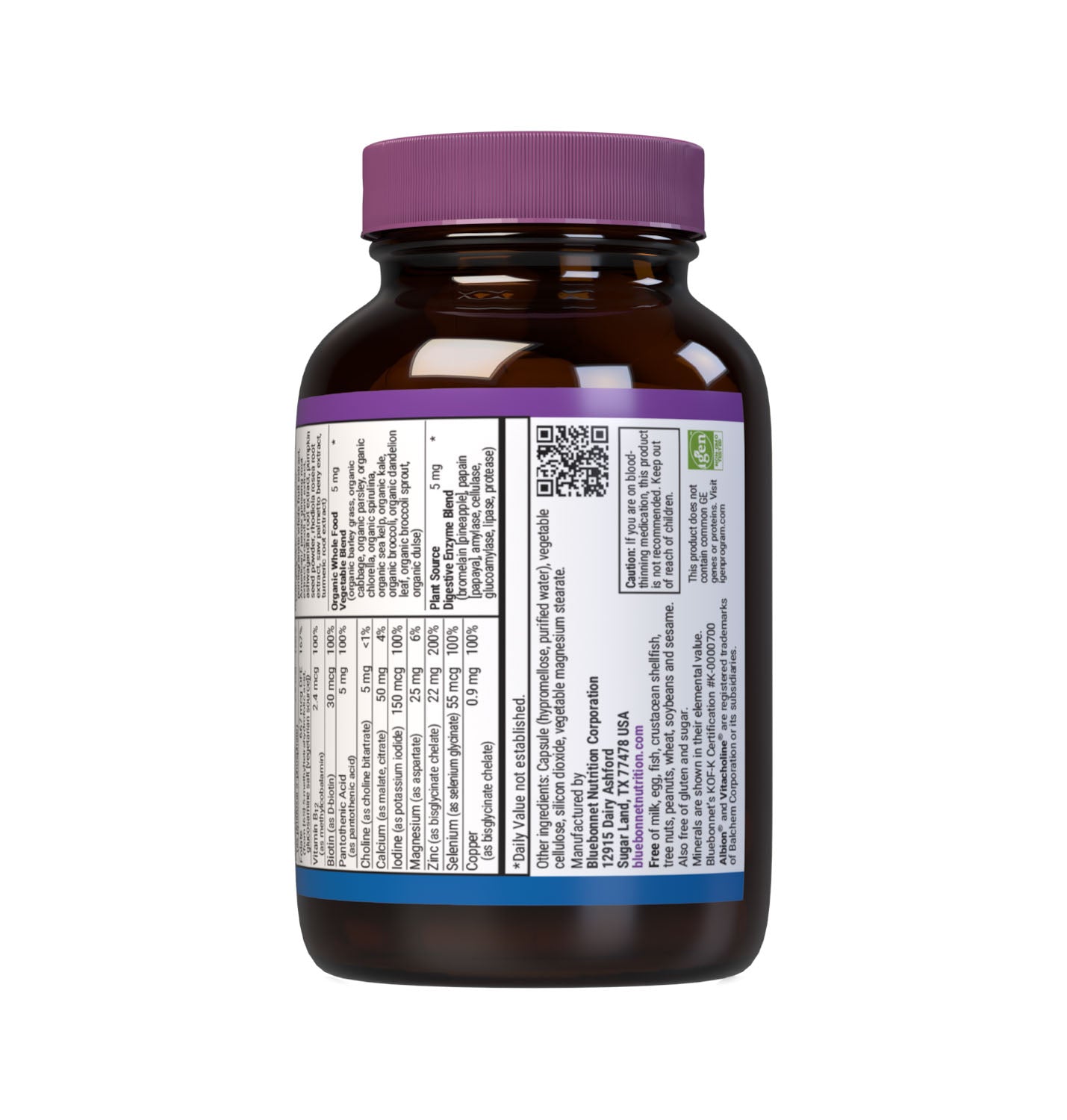 Bluebonnet’s Men's One Whole Food-Based Multiple 30 vegetable capsules is formulated with over 25 crucial nutrients like vitamin K2 and vitamin E from sunflower, all the coenzyme forms of the B vitamins, plus Albion chelated minerals in addition to an organic whole food vegetable blend, a plant-sourced enzyme blend, and a unique male health blend for daily nutrition and well being. Supplement facts panel, bottom part. #size_30 count