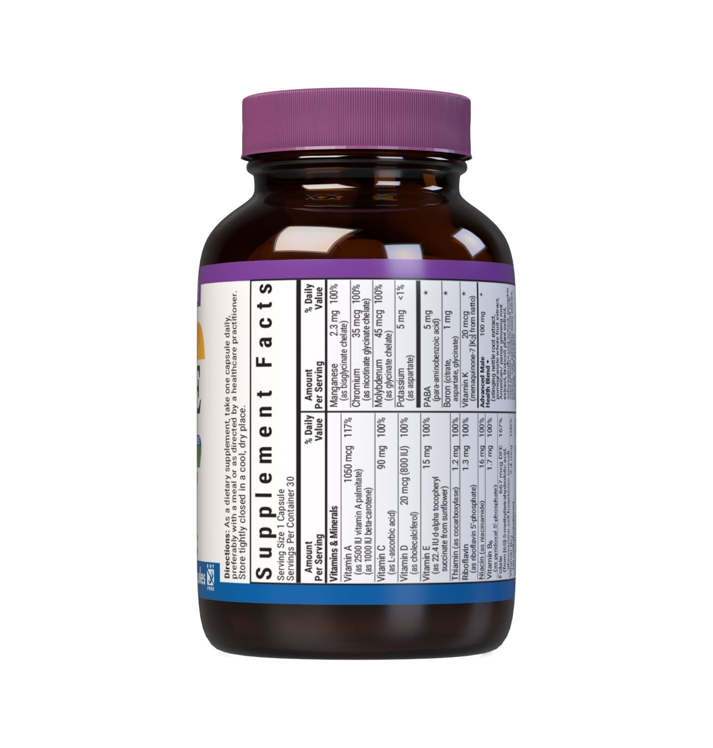 Bluebonnet’s Men's One Whole Food-Based Multiple 30 vegetable capsules is formulated with over 25 crucial nutrients like vitamin K2 and vitamin E from sunflower, all the coenzyme forms of the B vitamins, plus Albion chelated minerals in addition to an organic whole food vegetable blend, a plant-sourced enzyme blend, and a unique male health blend for daily nutrition and well being. Supplement facts panel, top part. #size_30 count