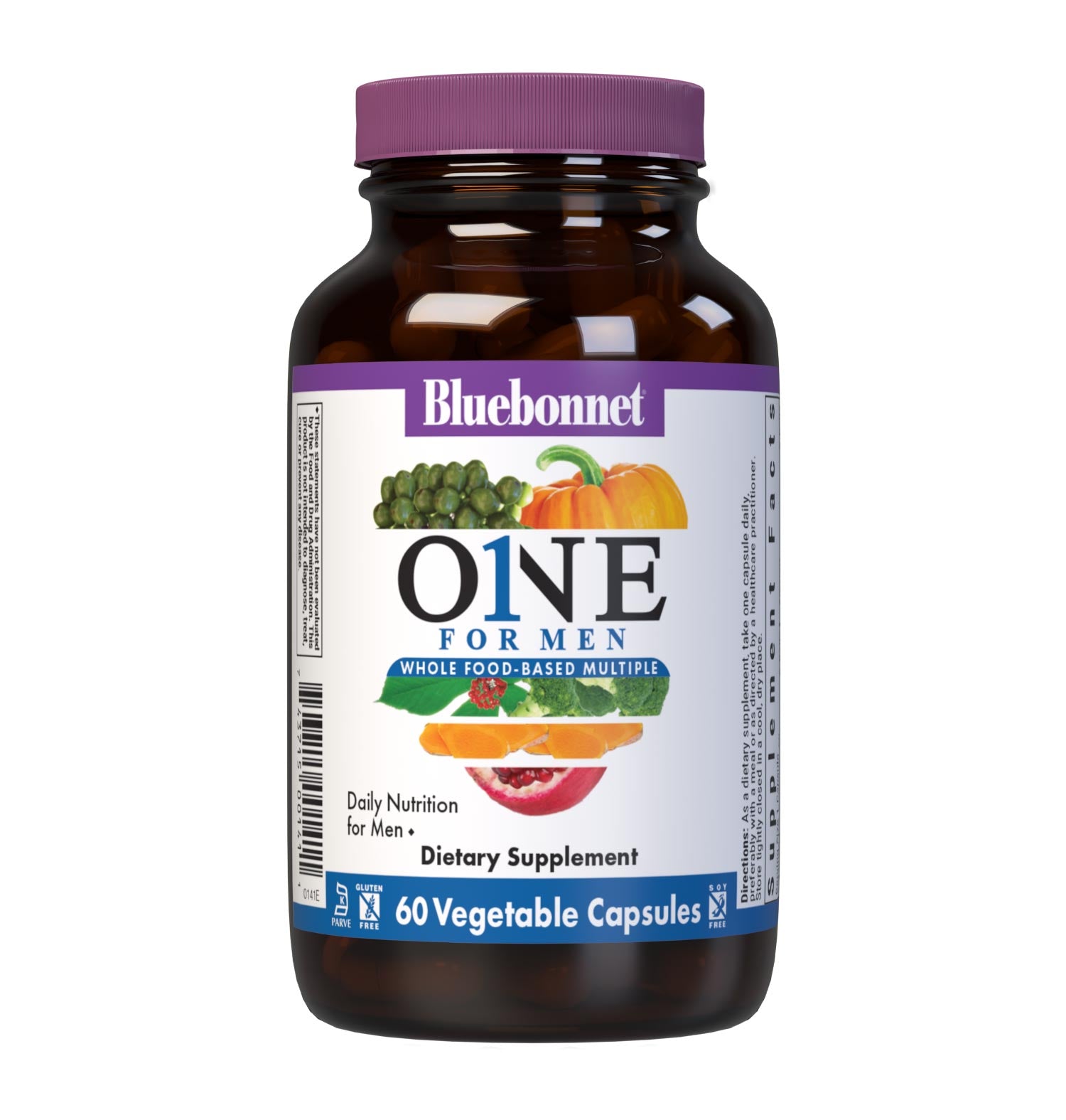 Bluebonnet’s Men's One Whole Food-Based Multiple 60 vegetable capsules is formulated with over 25 crucial nutrients like vitamin K2 and vitamin E from sunflower, all the coenzyme forms of the B vitamins, plus Albion chelated minerals in addition to an organic whole food vegetable blend, a plant-sourced enzyme blend, and a unique male health blend for daily nutrition and well being. #size_60 count