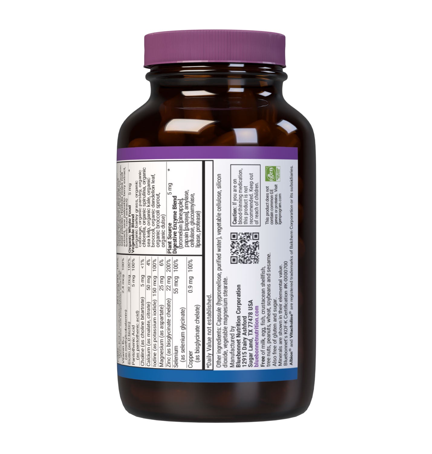 Bluebonnet’s Men's One Whole Food-Based Multiple 60 vegetable capsules is formulated with over 25 crucial nutrients like vitamin K2 and vitamin E from sunflower, all the coenzyme forms of the B vitamins, plus Albion chelated minerals in addition to an organic whole food vegetable blend, a plant-sourced enzyme blend, and a unique male health blend for daily nutrition and well being. Supplement facts panel, bottom part. #size_60 count