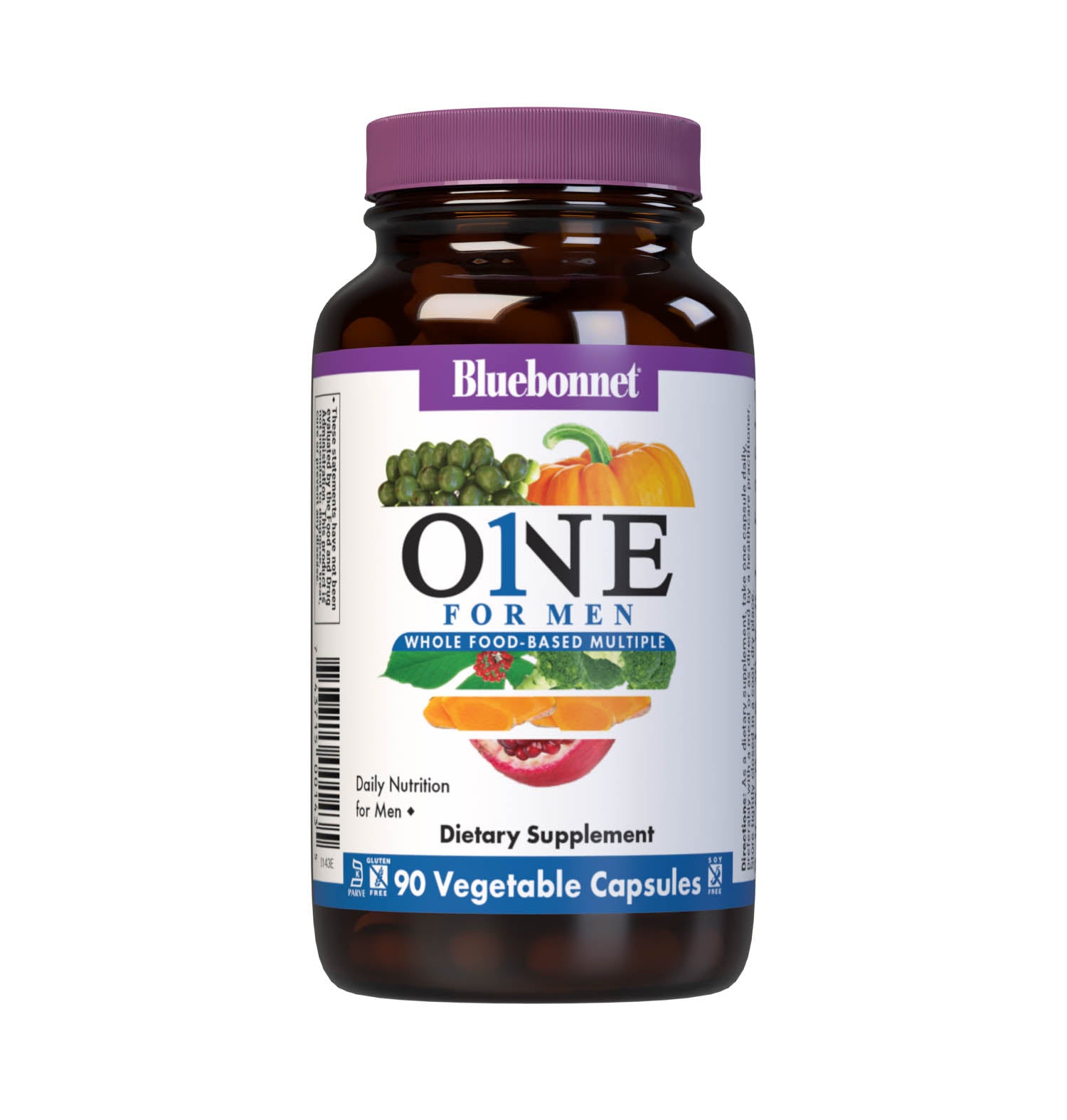 Bluebonnet’s Men's One Whole Food-Based Multiple 90 vegetable capsules is formulated with over 25 crucial nutrients like vitamin K2 and vitamin E from sunflower, all the coenzyme forms of the B vitamins, plus Albion chelated minerals in addition to an organic whole food vegetable blend, a plant-sourced enzyme blend, and a unique male health blend for daily nutrition and well being. #size_90 count