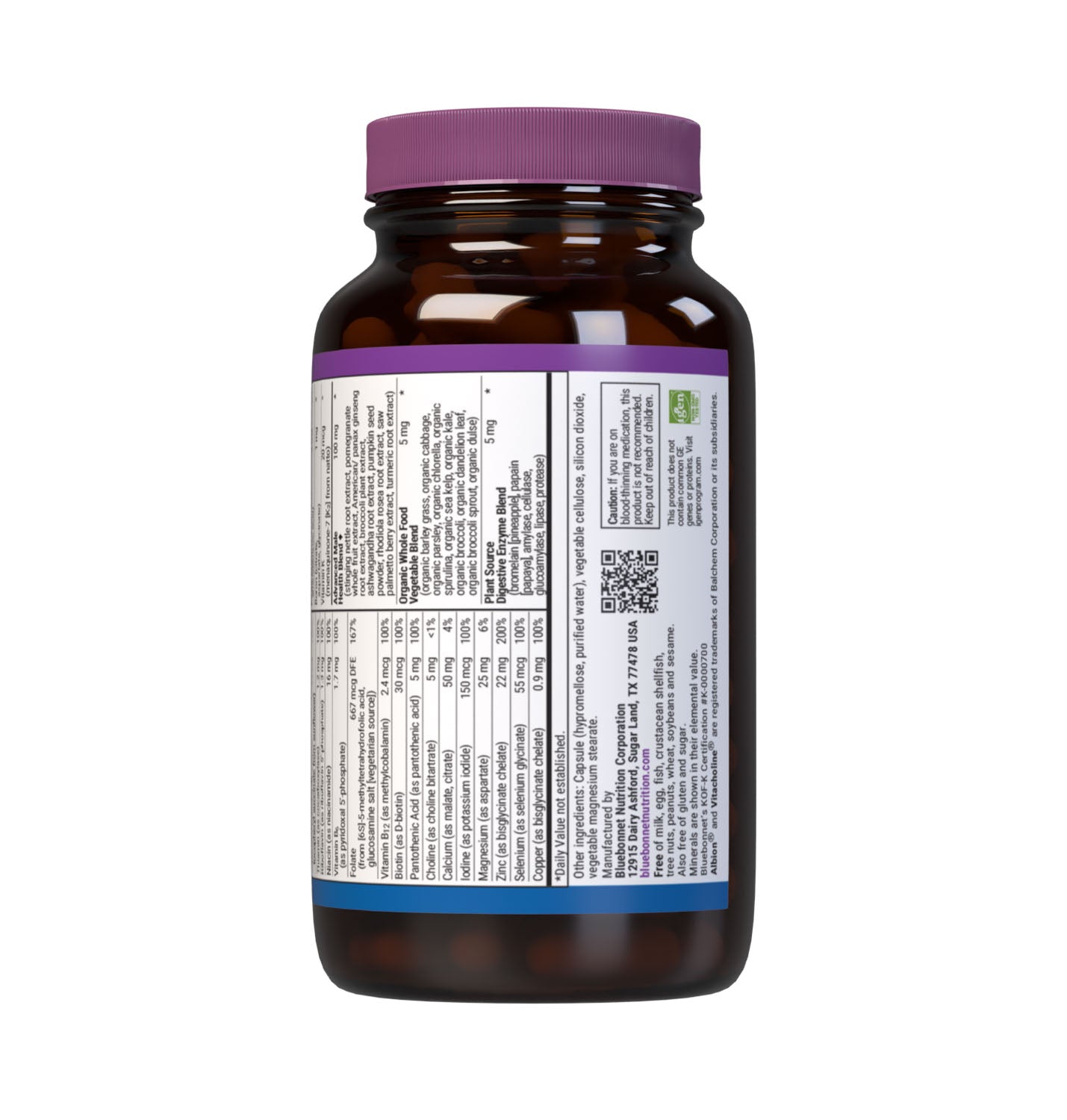 Bluebonnet’s Men's One Whole Food-Based Multiple 90 vegetable capsules is formulated with over 25 crucial nutrients like vitamin K2 and vitamin E from sunflower, all the coenzyme forms of the B vitamins, plus Albion chelated minerals in addition to an organic whole food vegetable blend, a plant-sourced enzyme blend, and a unique male health blend for daily nutrition and well being. Supplement facts panel, bottom part. #size_90 count