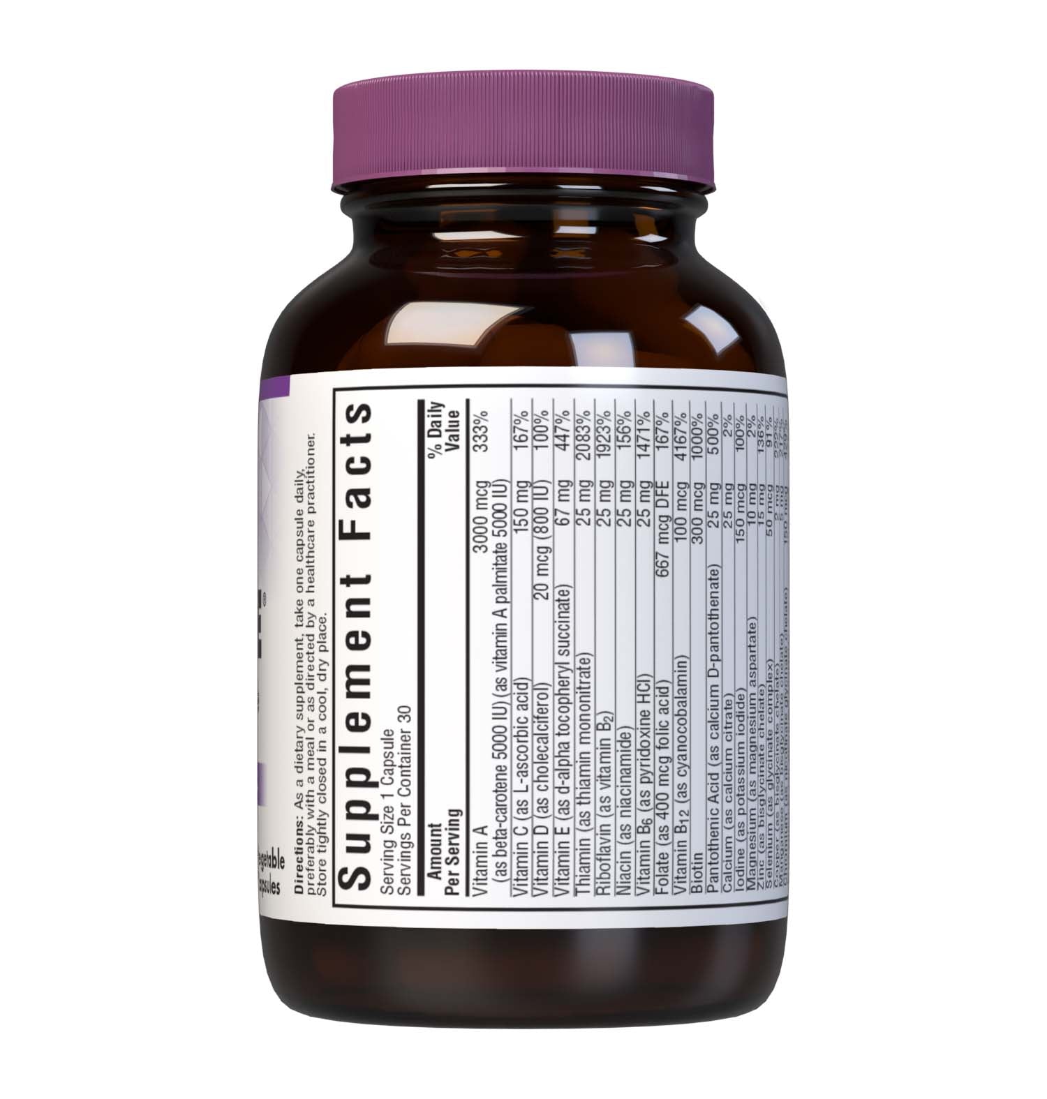 Bluebonnet’s Multi One Iron-free Single Daily Multiple 30 vegetable capsules is formulated with crucial vitamins and minerals, plus Albion chelated minerals for daily nutrition and well being. Supplement fact panel. #size_30 count