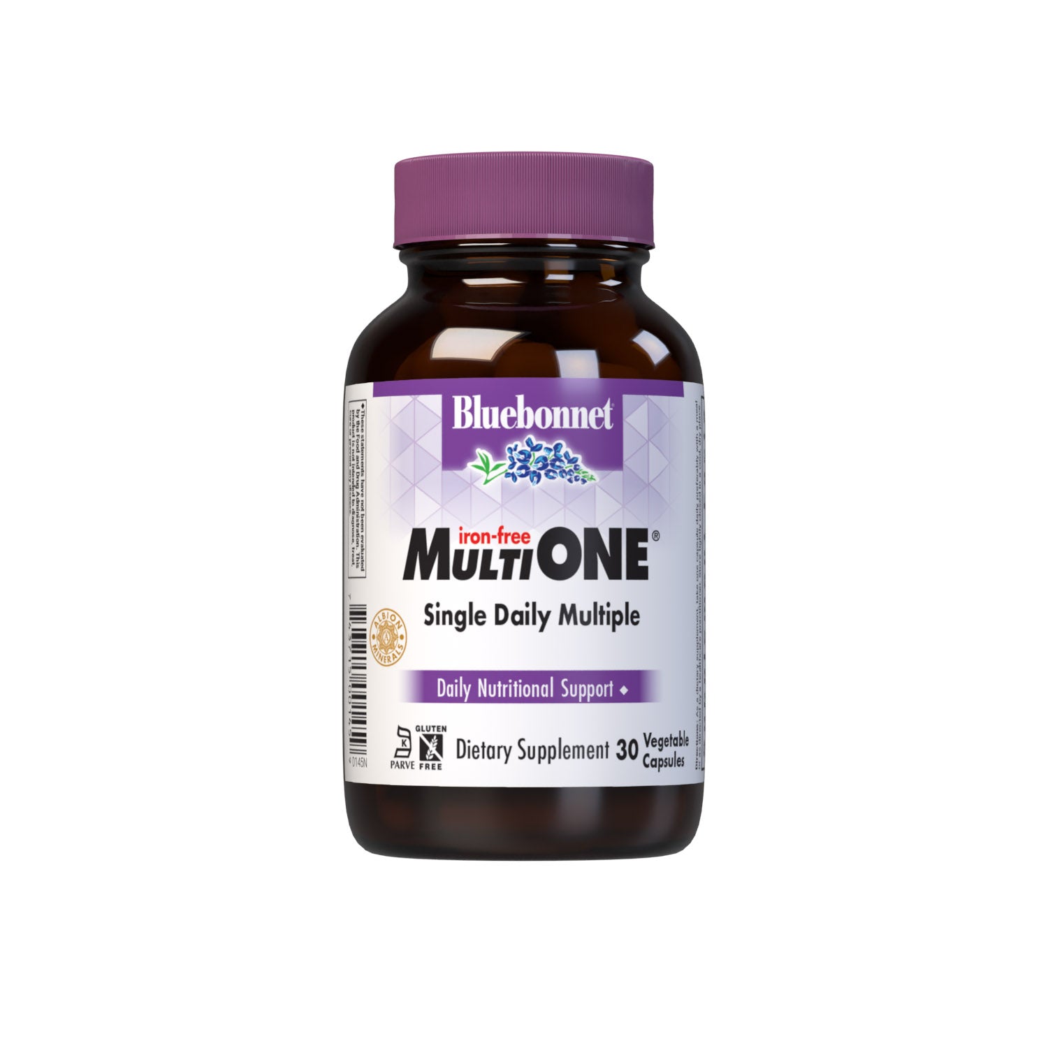 Bluebonnet’s Multi One Iron-free Single Daily Multiple 30 vegetable capsules is formulated with crucial vitamins and minerals, plus Albion chelated minerals for daily nutrition and well being.  #size_30 count