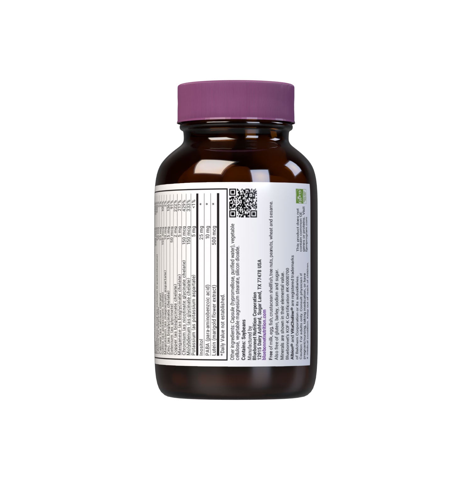 Bluebonnet’s Multi One Iron-free Single Daily Multiple 30 vegetable capsules is formulated with crucial vitamins and minerals, plus Albion chelated minerals for daily nutrition and well being. Supplement fact panel. Bottom part. #size_30 count