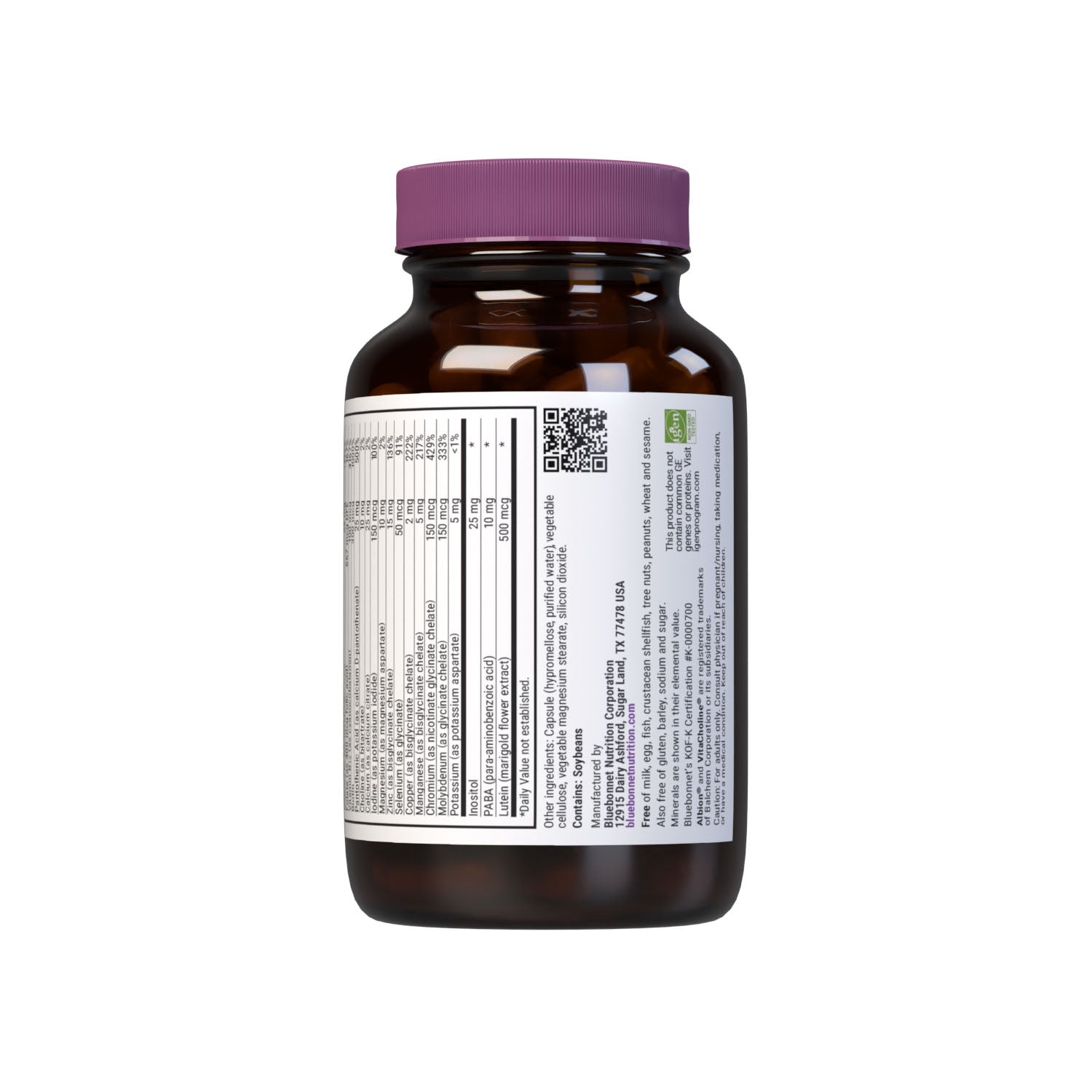 Bluebonnet’s Multi One Iron-free Single Daily Multiple 60 vegetable capsules is formulated with crucial vitamins and minerals, plus Albion chelated minerals for daily nutrition and well being. Supplement facts panel. Bottom part. #size_60 count