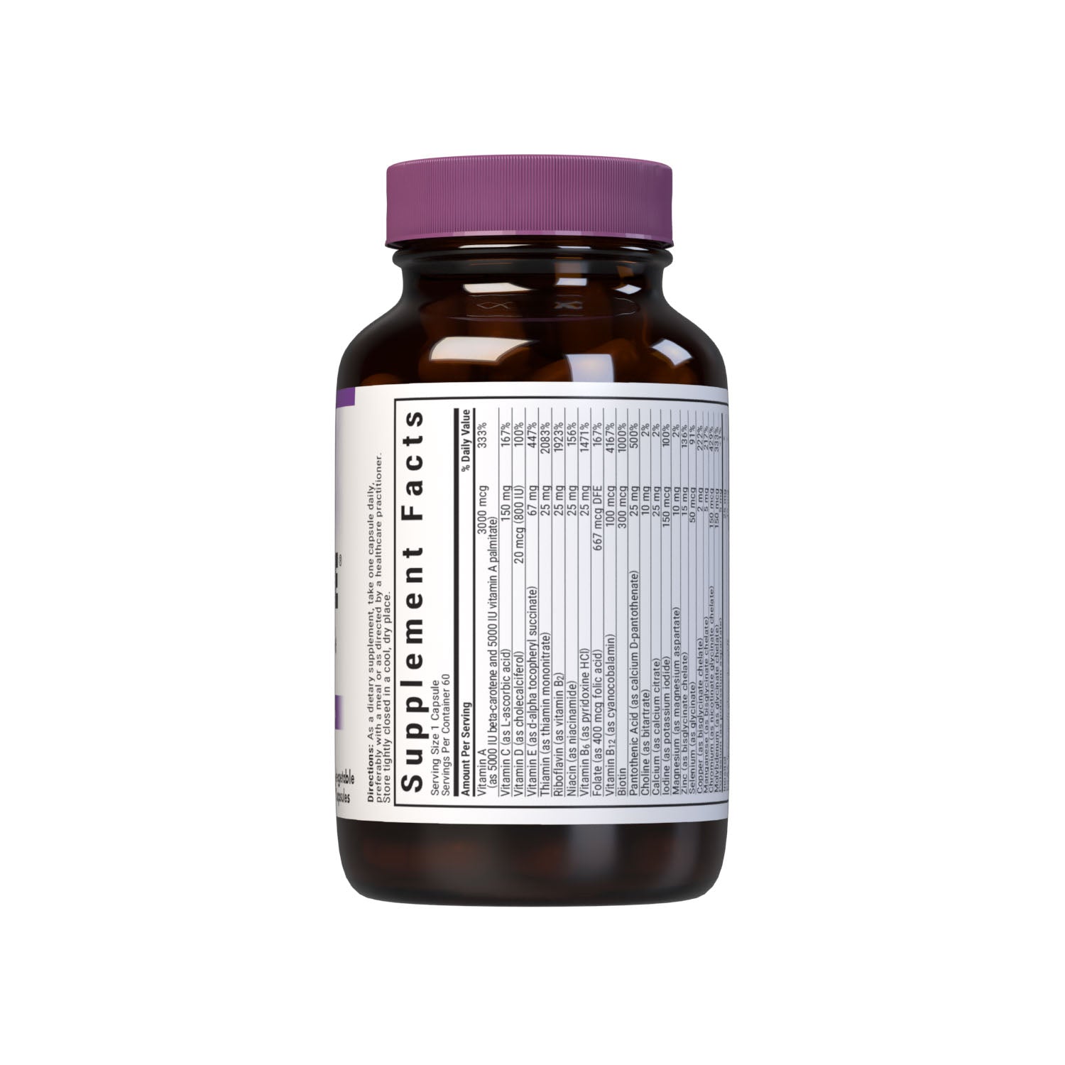 Bluebonnet’s Multi One Iron-free Single Daily Multiple 60 vegetable capsules is formulated with crucial vitamins and minerals, plus Albion chelated minerals for daily nutrition and well being. Supplement facts panel. Top part. #size_60 count